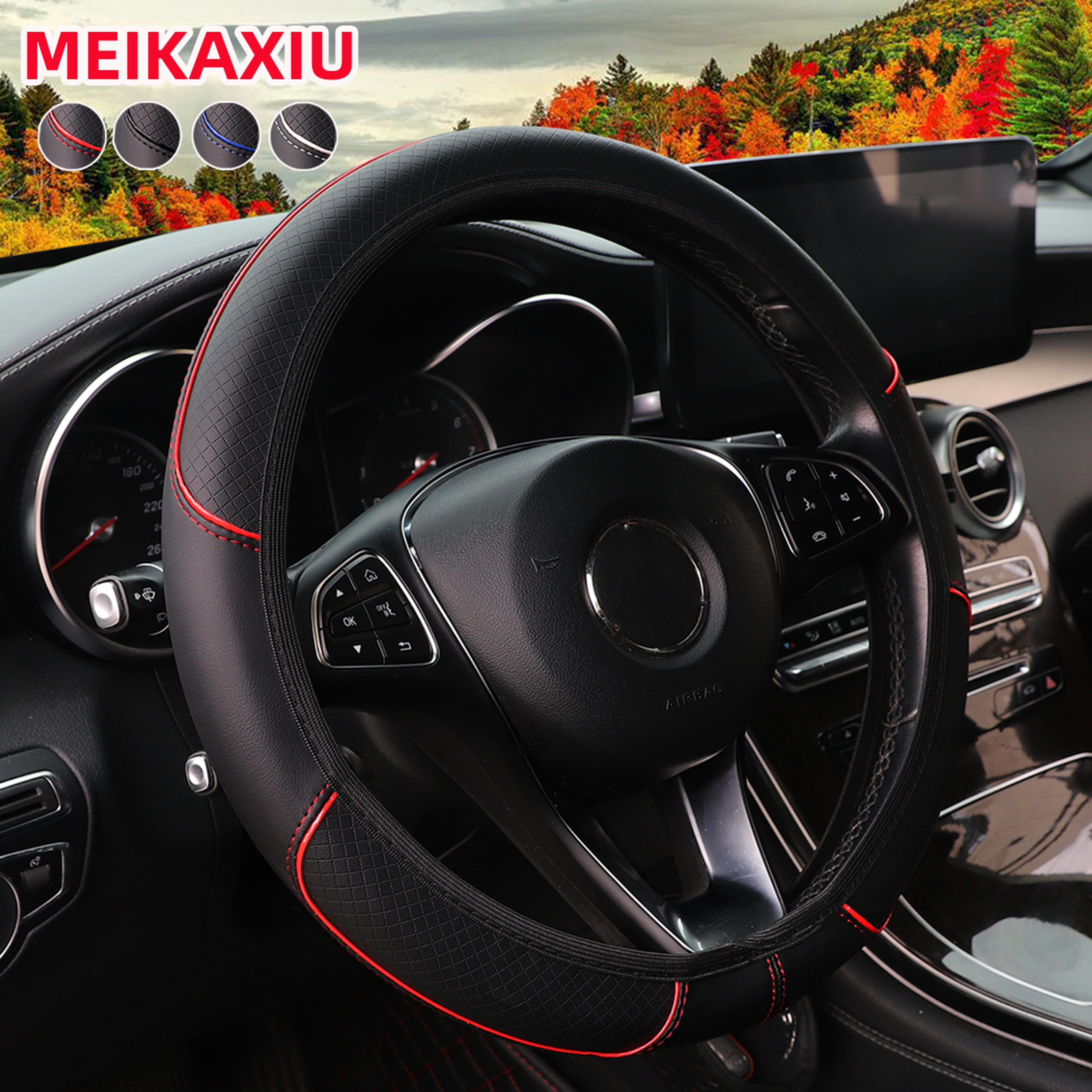 red blue strip trim leather embosed steering wheel cover, no inner ring, car interior accessories