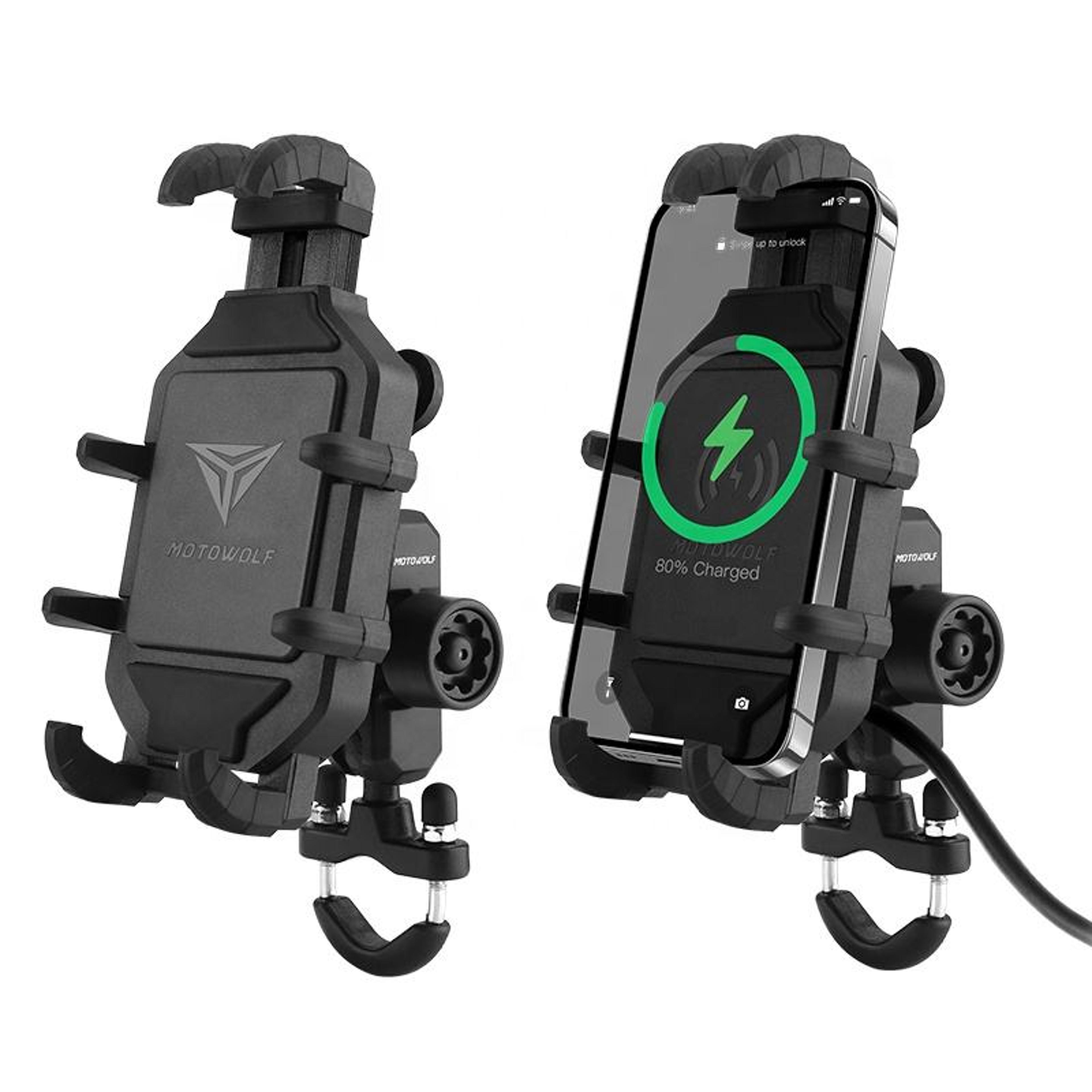 motorcycle phone holder with wireless charging handlebar mount for smartphones