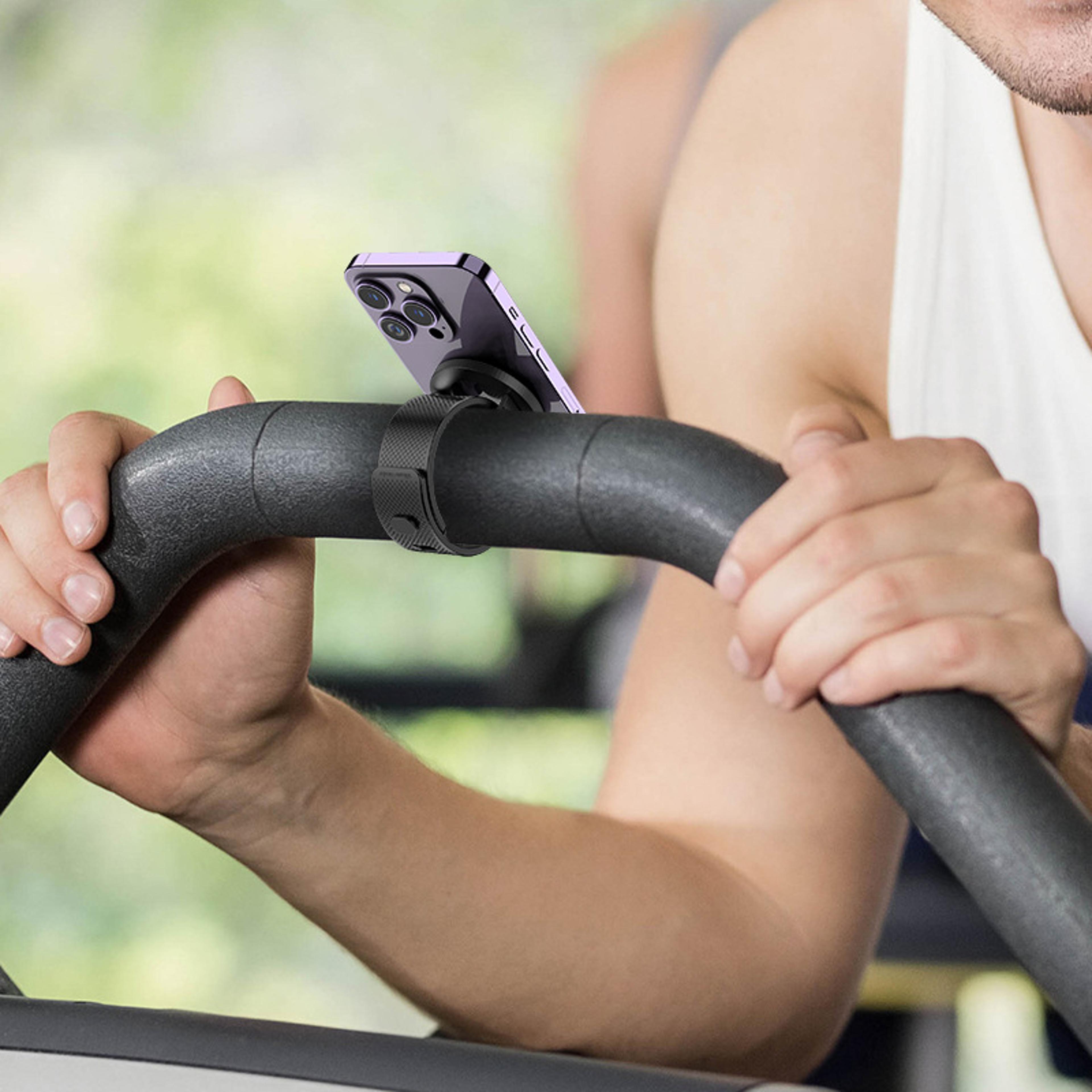 magsafe phone holder with adjustable magnetic strap for gym treadmill bike & stroller