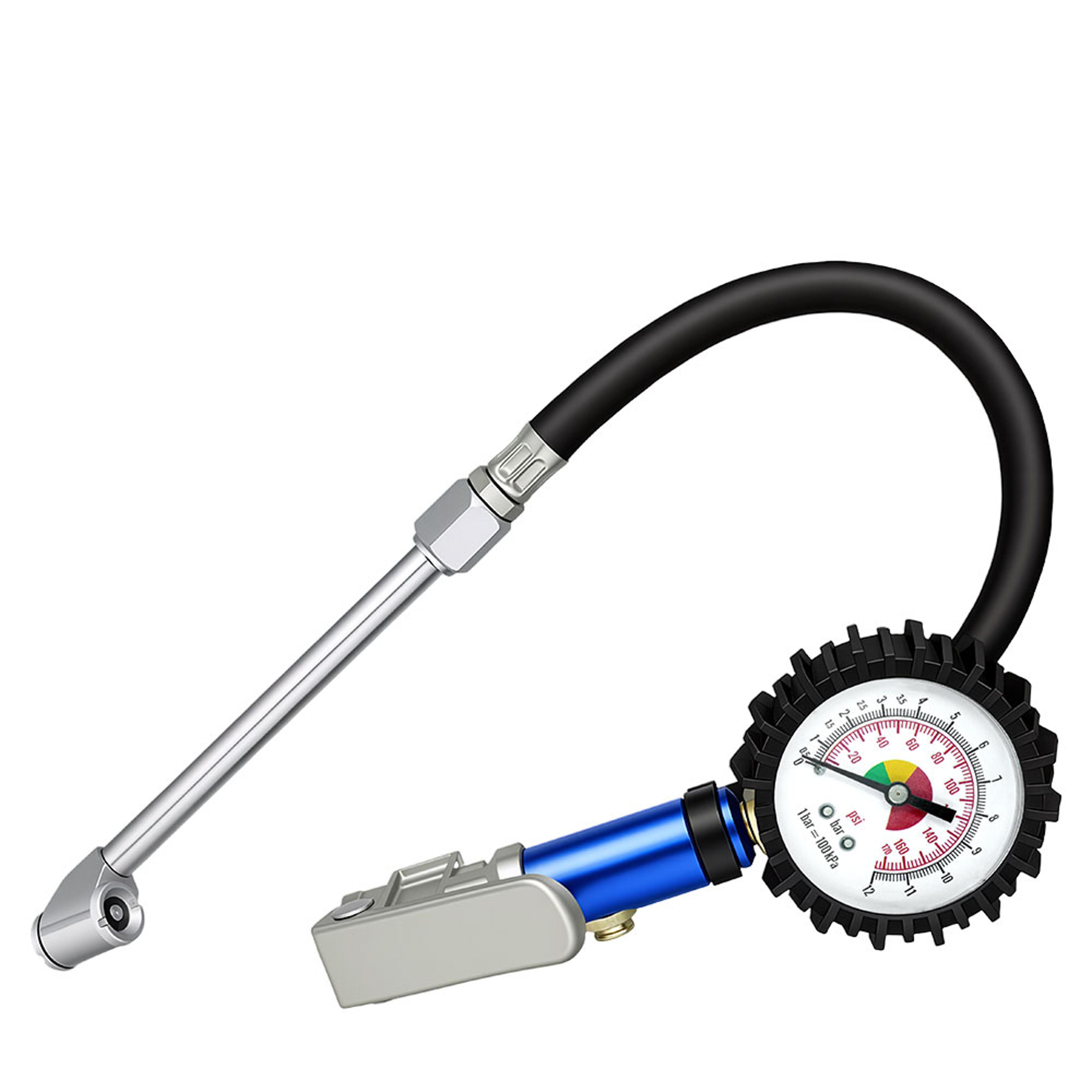 heavy duty tire inflator gauge with self clamping chuck and quick air connector