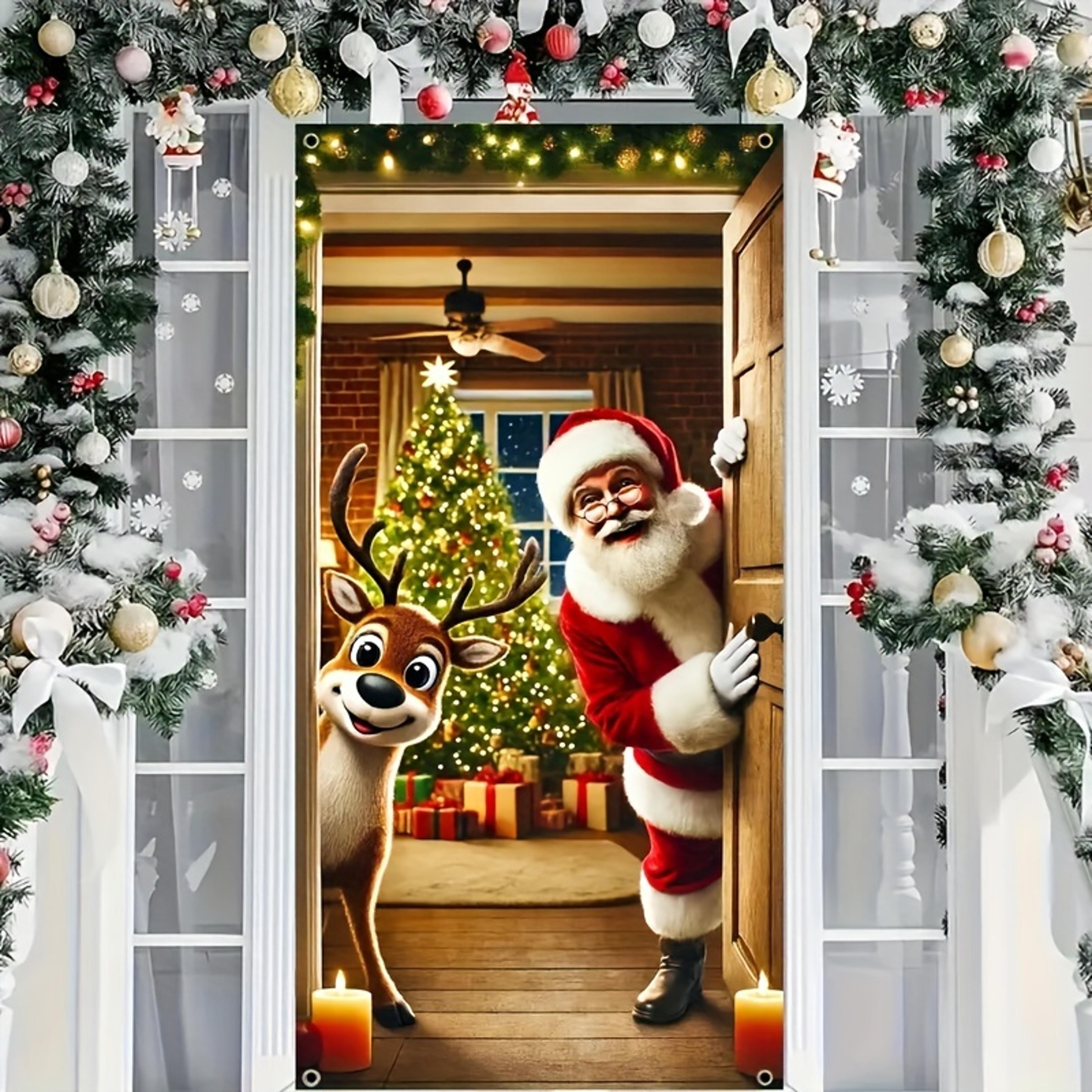 christmas deer door cover decoration hanging, winter santa claus christmas, outdoor backdrop door banner cute holiday