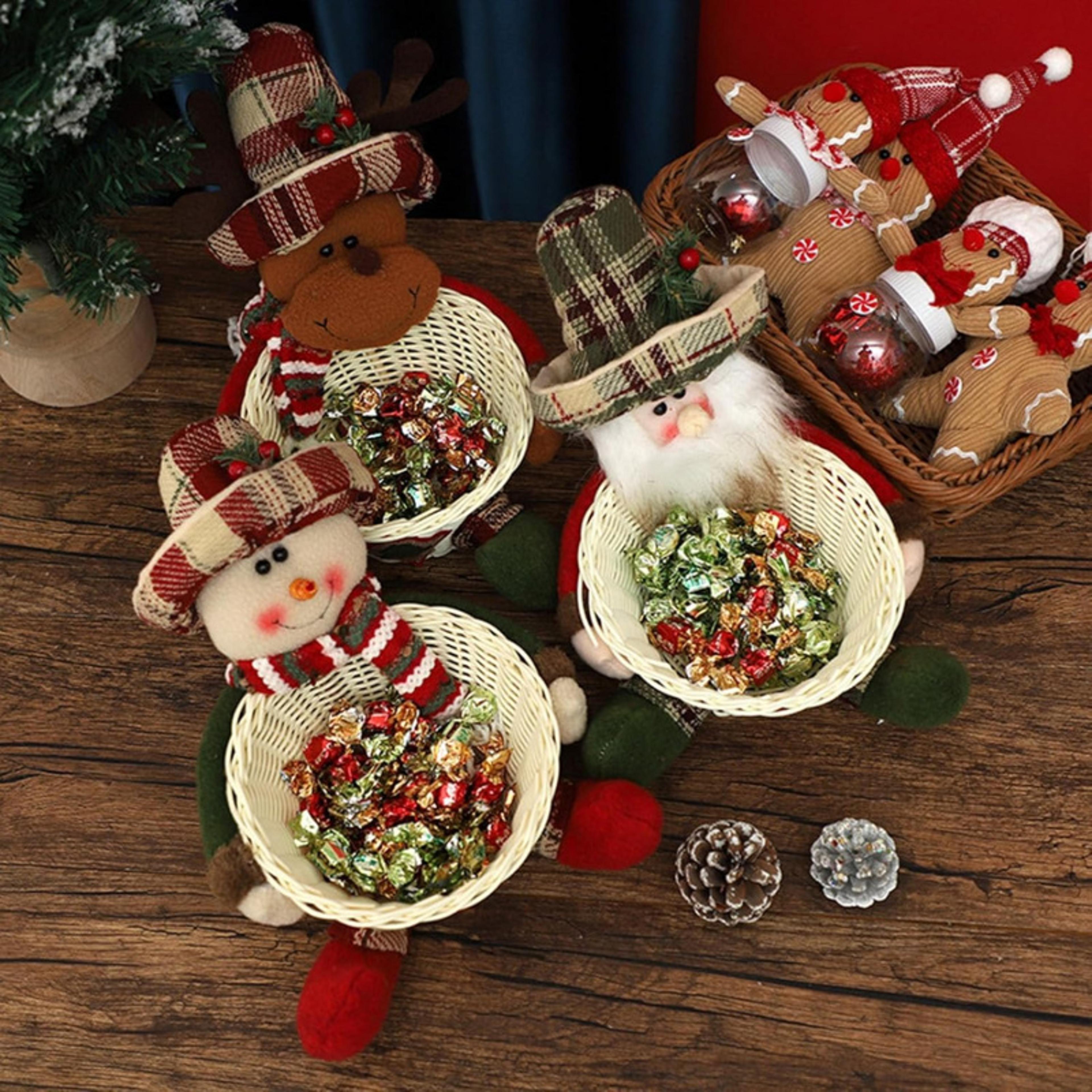 christmas candy basket snowman, woven stand, holiday desktop decor, cute design, doll decoration, bowl gift box, storage