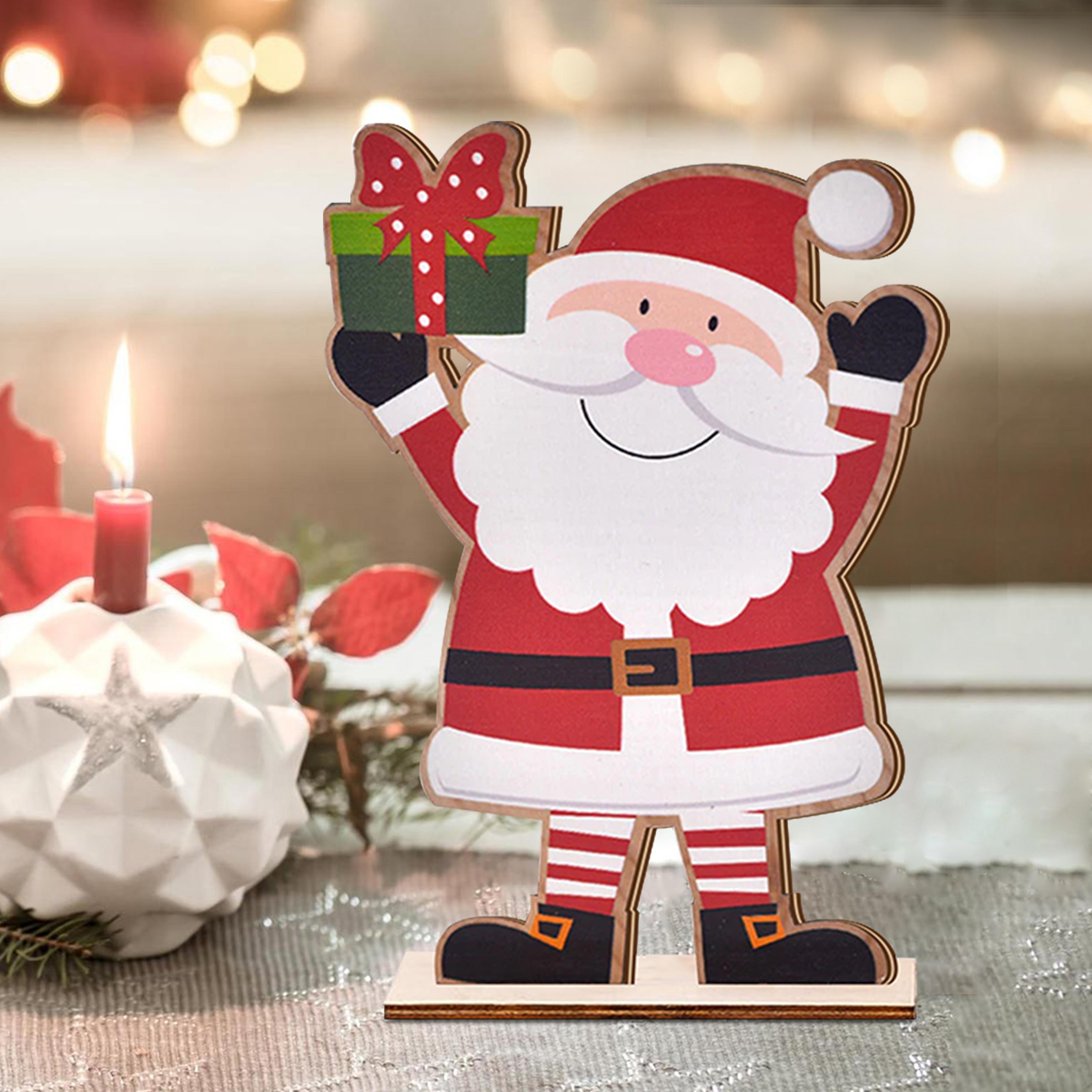 festive wooden santa claus, christmas decor, hand painted, adorable ornament with gift