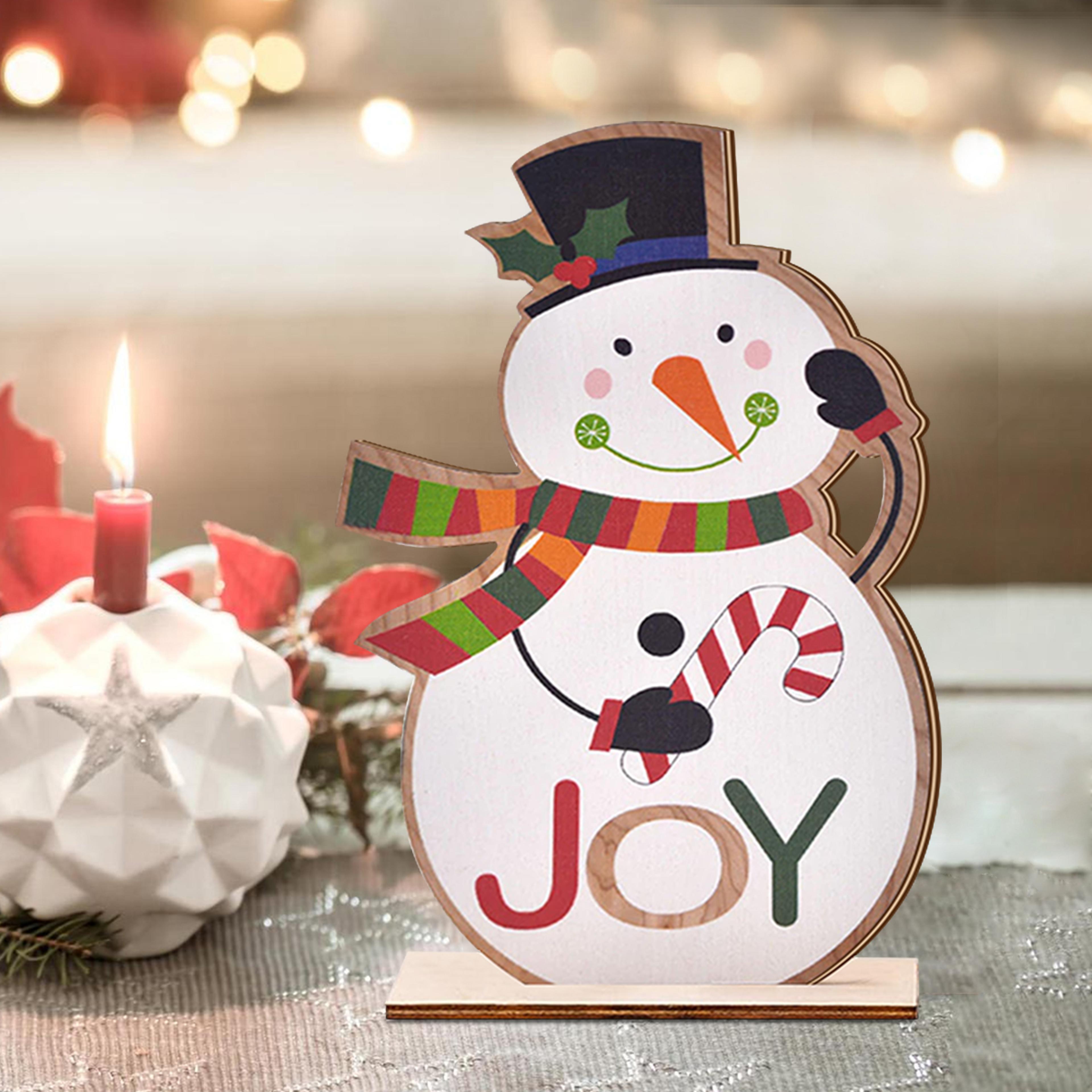 festive wooden snowman ornament, joy christmas decoration, holiday tabletop decor, winter home accent
