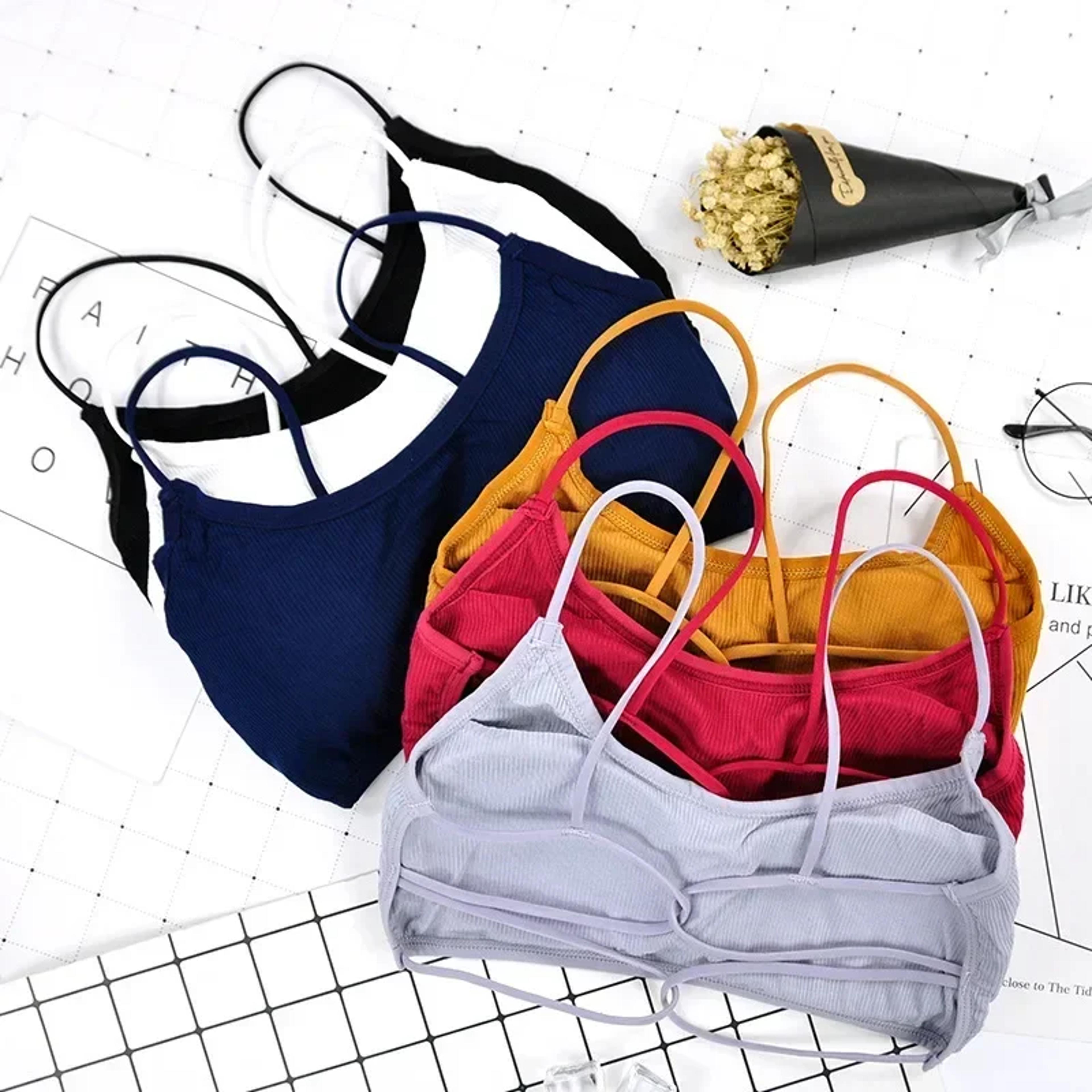 thin shoulder strap workout bra, wireless removable padded yoga bra for women