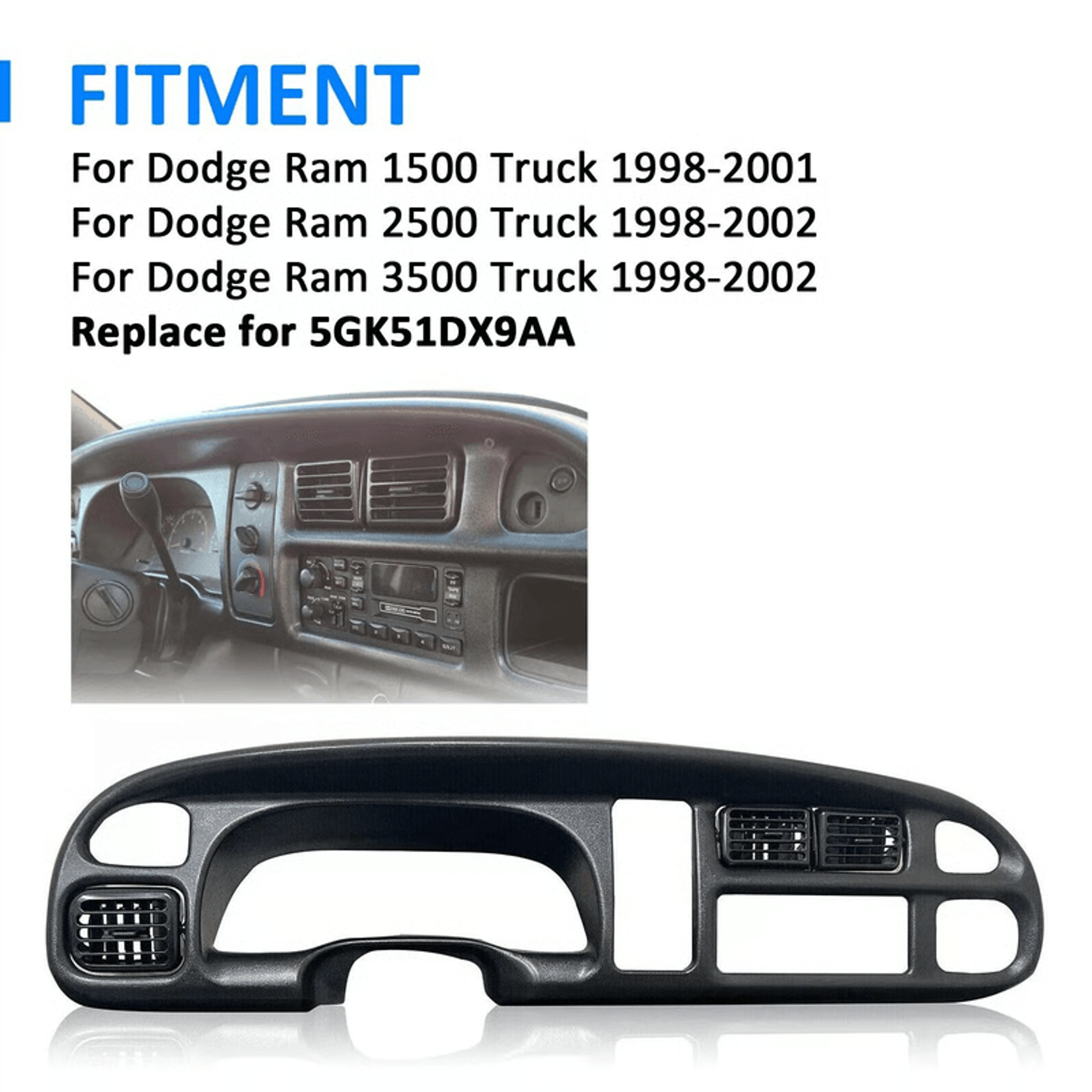 black dodge ram dash bezel with vents oem style replacement for 1998-2002 1500 2500 3500