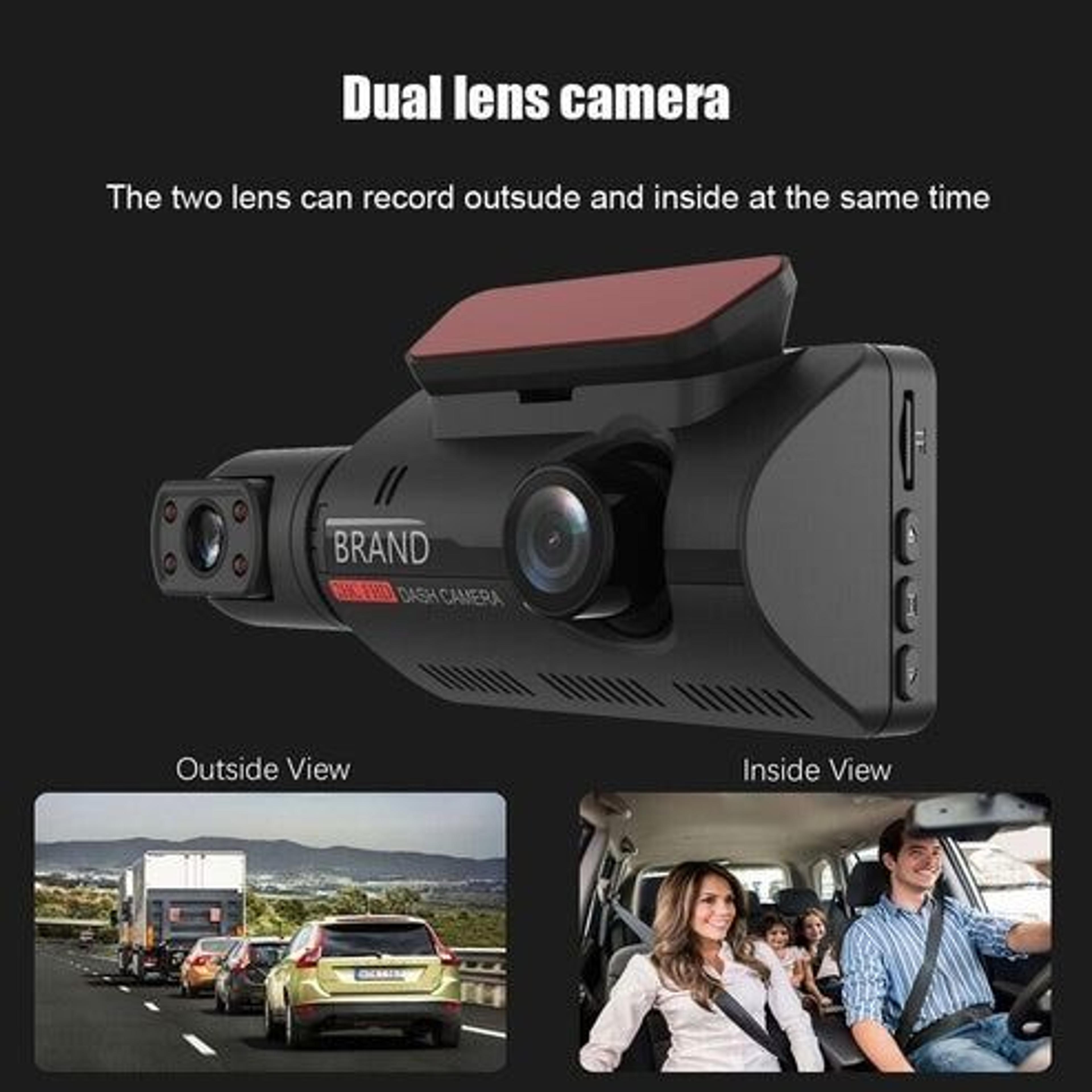dual lens car dvr dash cam, front and interior camera with g-sensor, emergency accident lock, parking mode