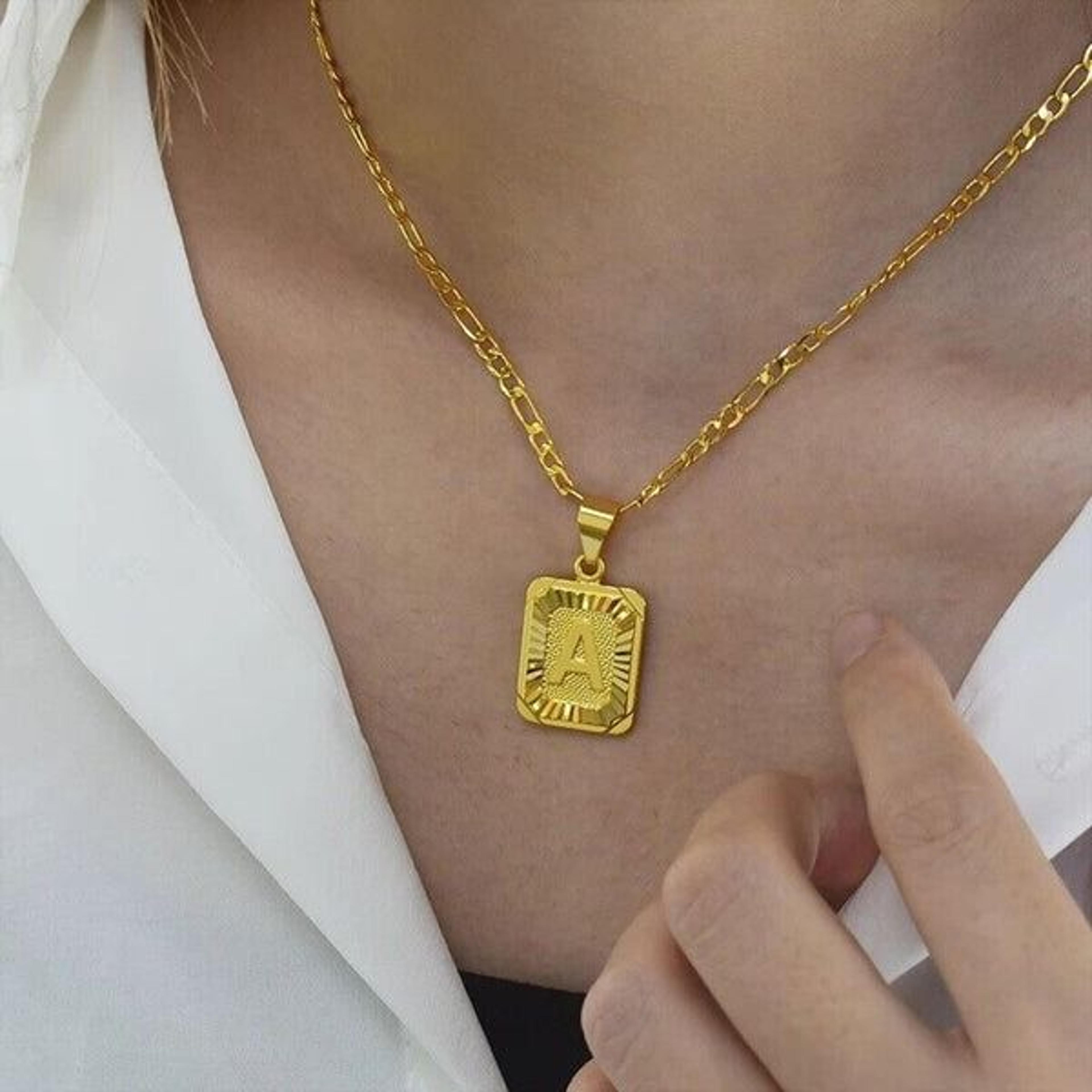 gold plated initial necklace, stainless steel figaro chain, customizable pendant, perfect gift for any occasion