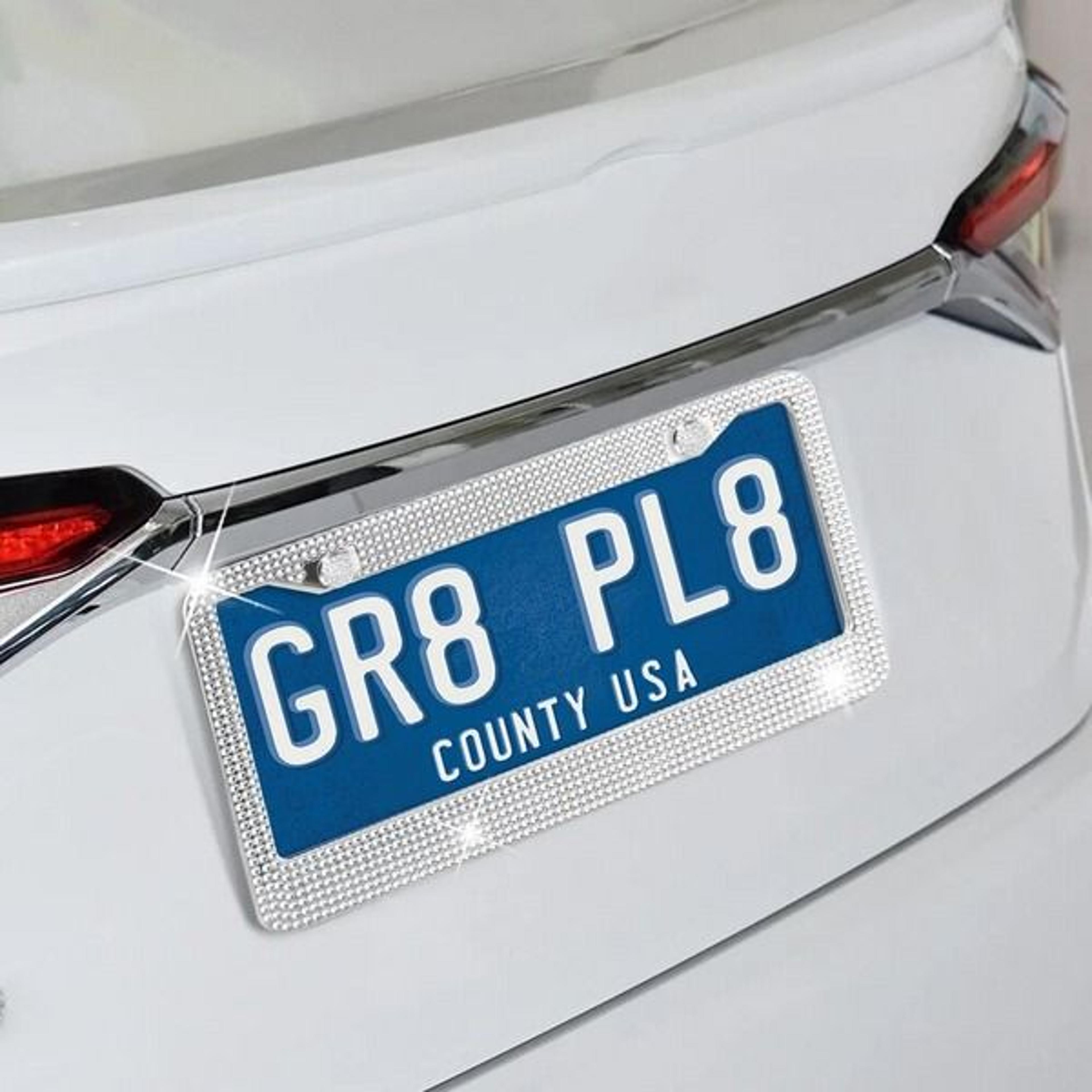 glitter crystal bling license plate frame, rhinestone diamond caps, sparkling car decor for elegant style