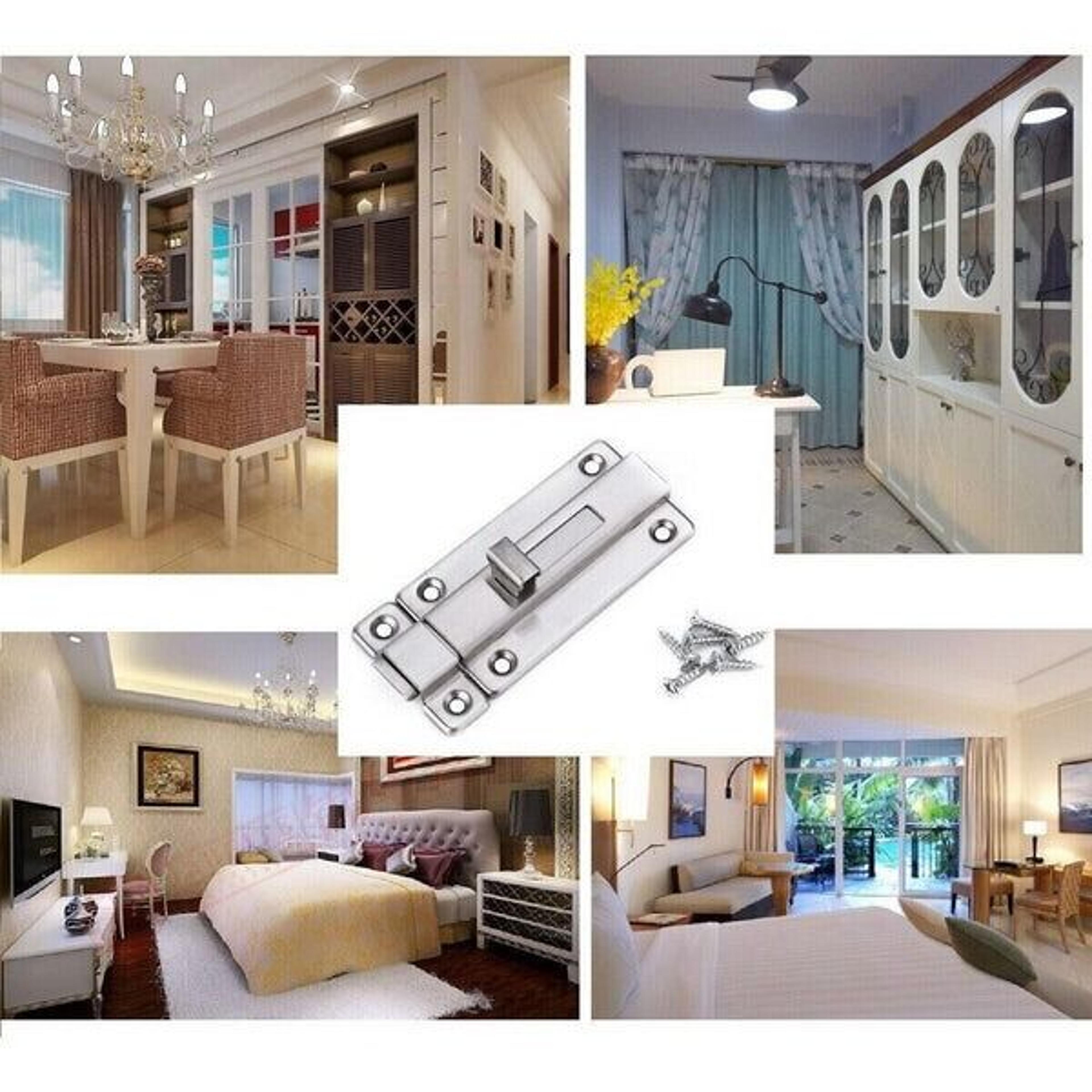 keyless door bolt for doors, stainless steel latch, sliding silver lock, secure door locking solution, rust-resistant
