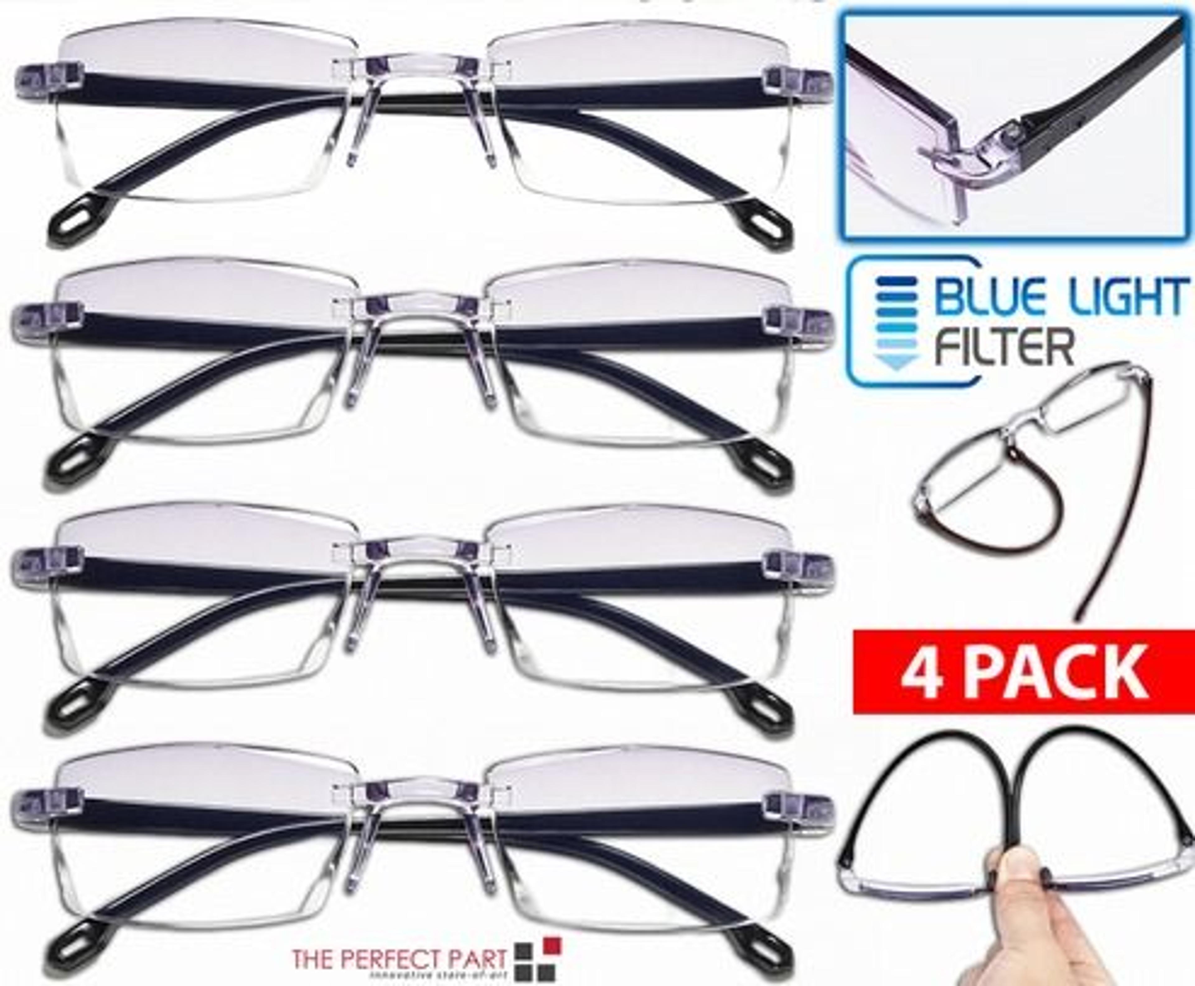 mens rectangular rimless reading glasses, blue light blocking, unisex readers, uv400 protection for eye strain relief