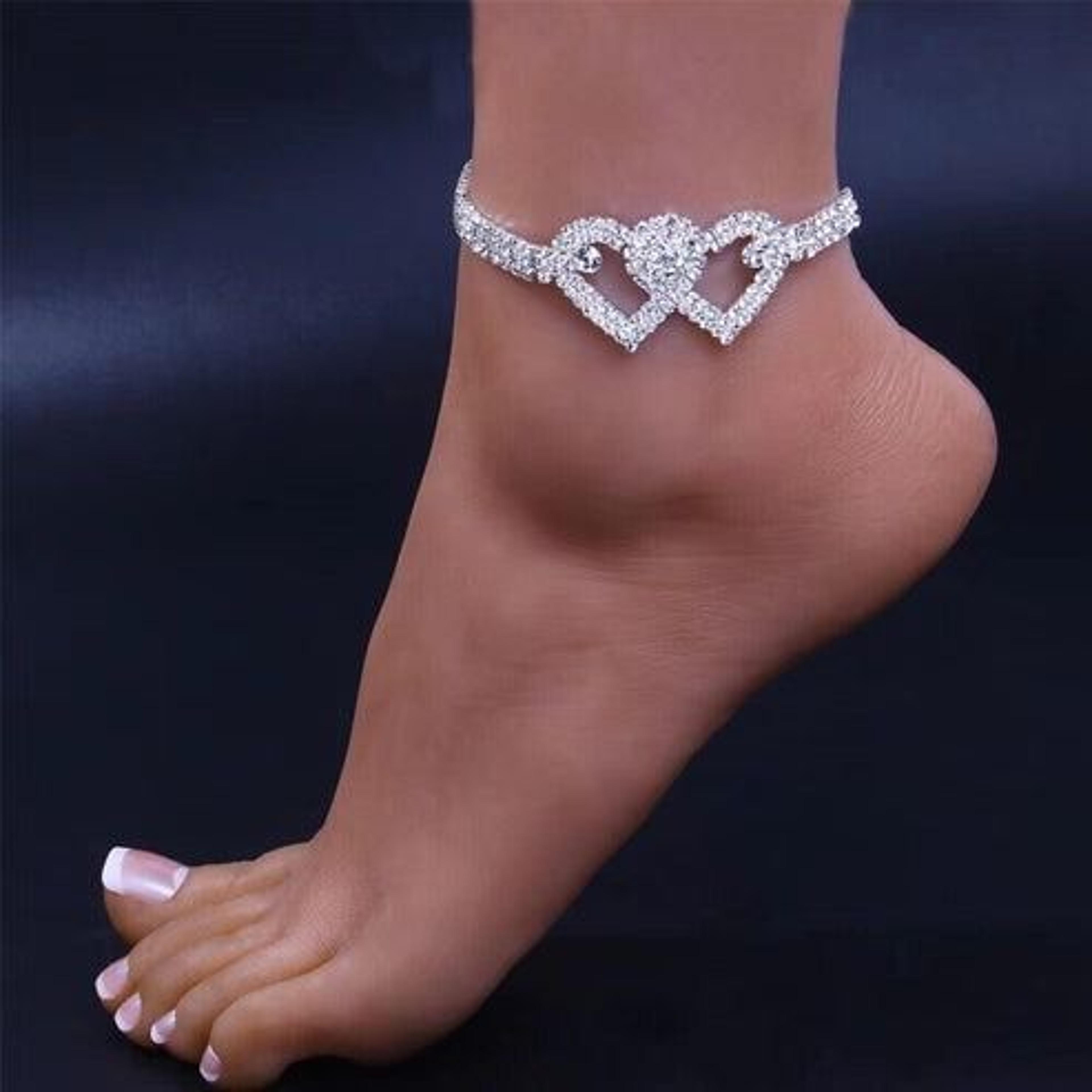 bling crystal ankle bracelet, double heart anklet, love barefoot chain, adjustable, sparkly rhinestone women's jewelry