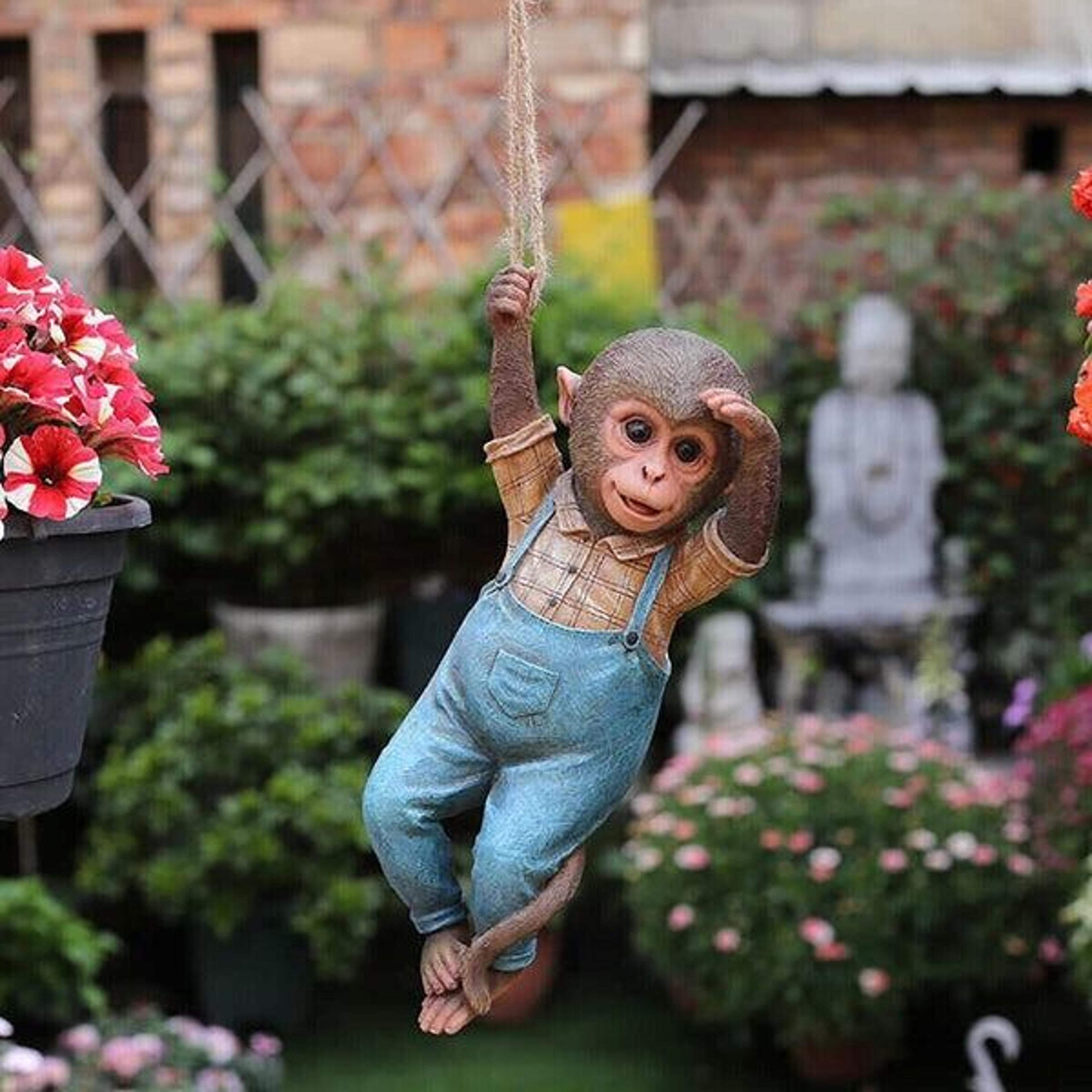 monkey chimp hanging rope statue, outdoor garden ornament, resin sculpture, unique decoration for home and garden