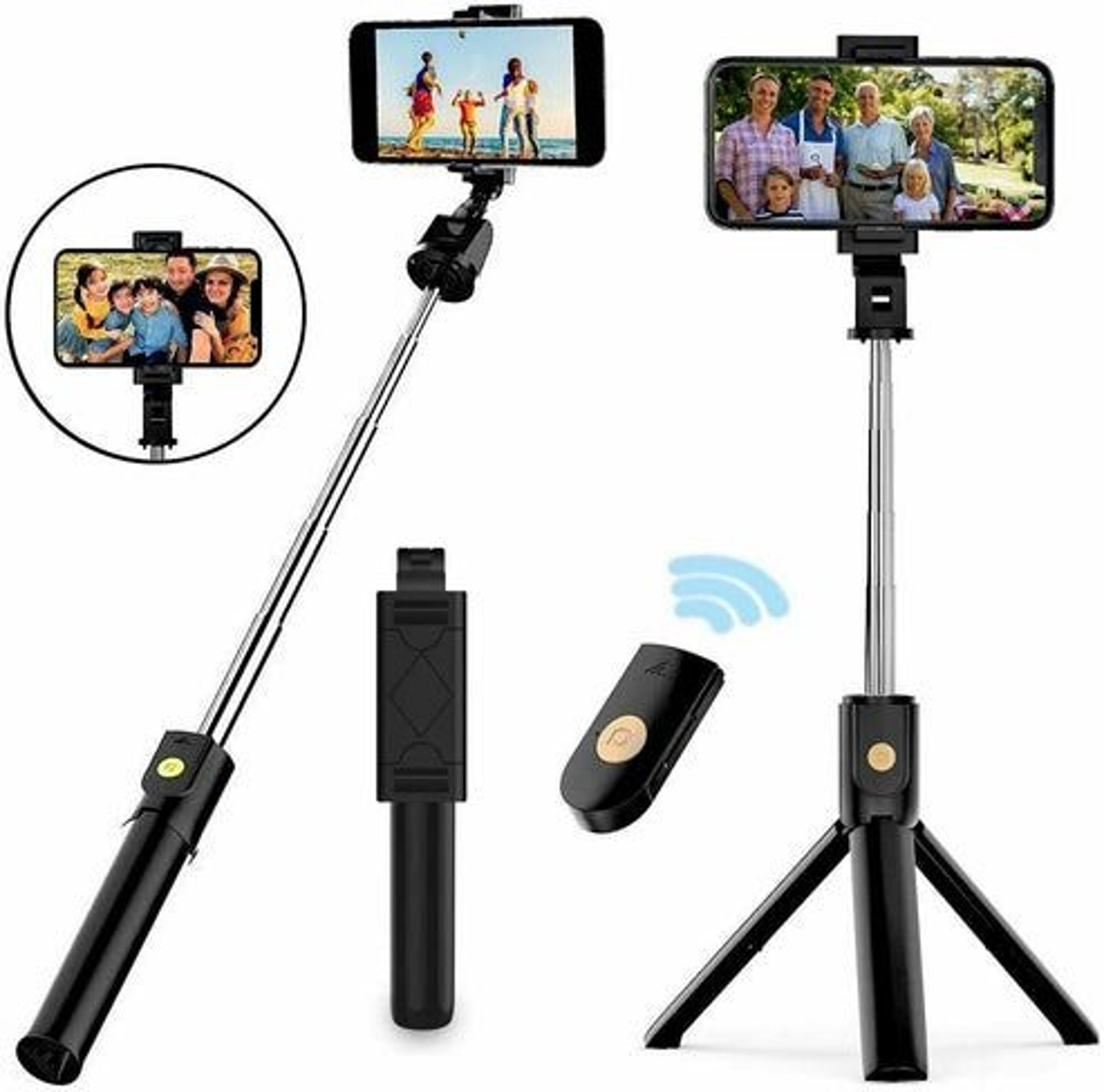 selfie stick tripod with bluetooth remote, portable cell phone holder for iphone, samsung, desktop stand