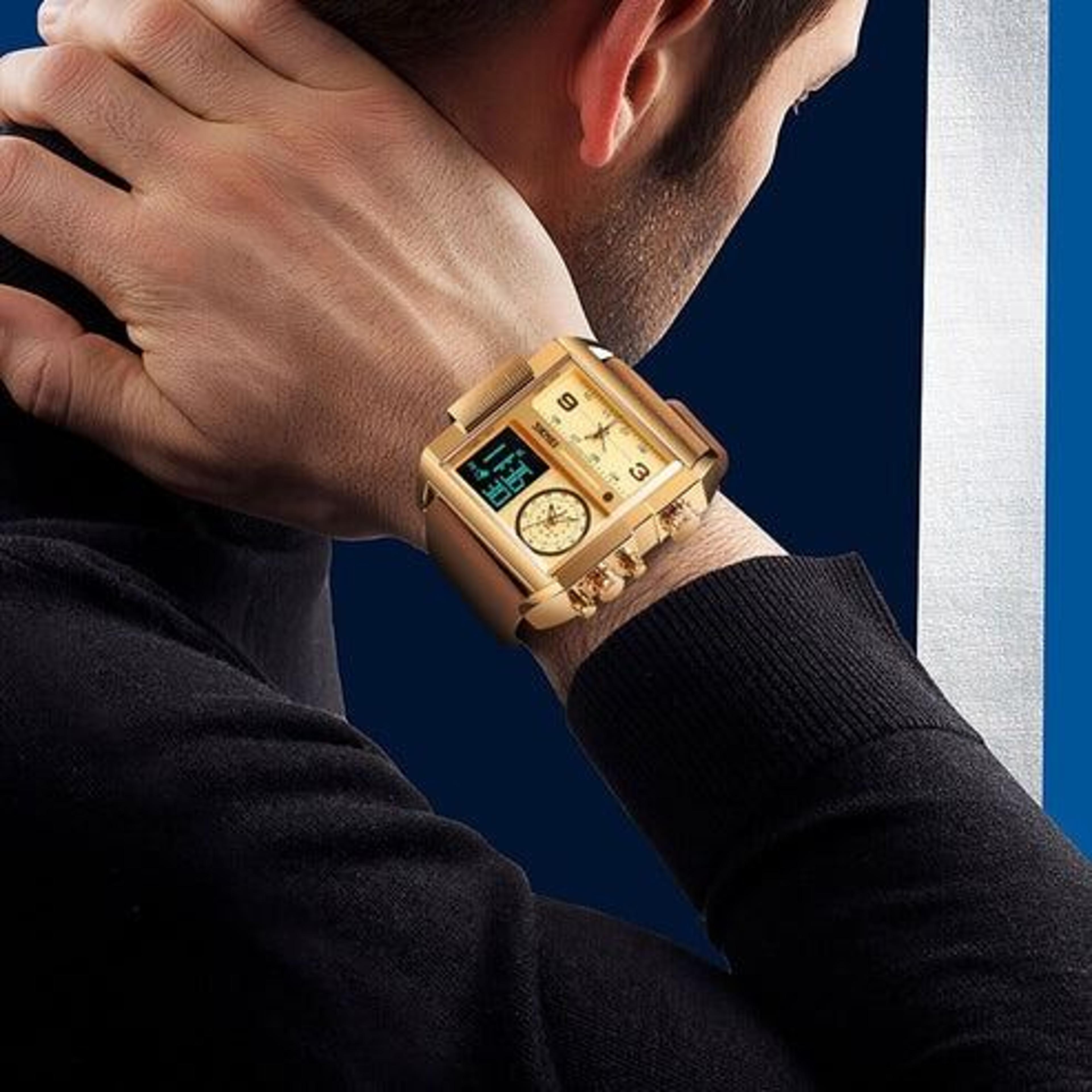 men watch, large face digital quartz sport stopwatch, leather wristwatch, waterproof & comfortable design