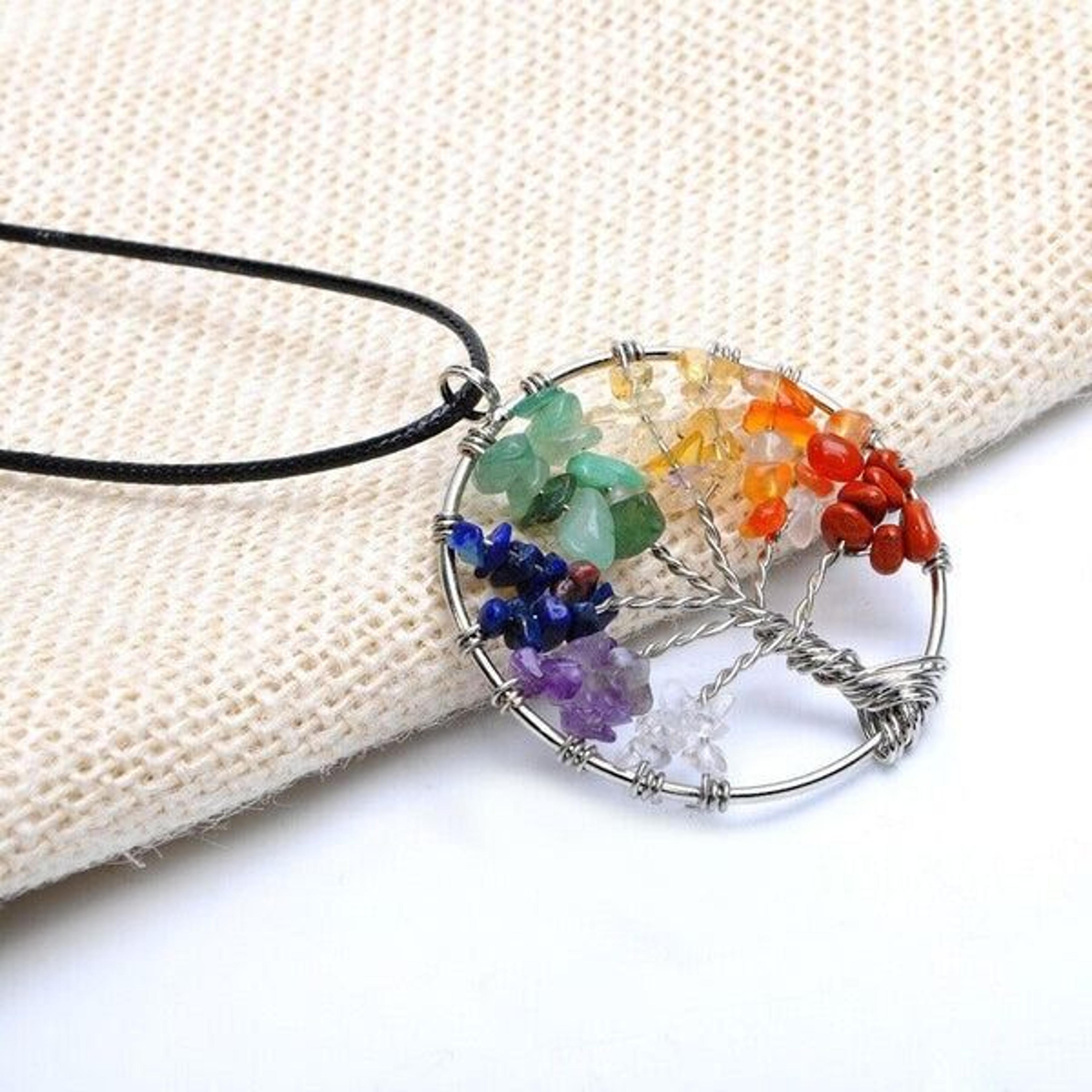 necklace chakra natural gemstone crystal stones healing, tree of life pendant spiritual jewelry gift