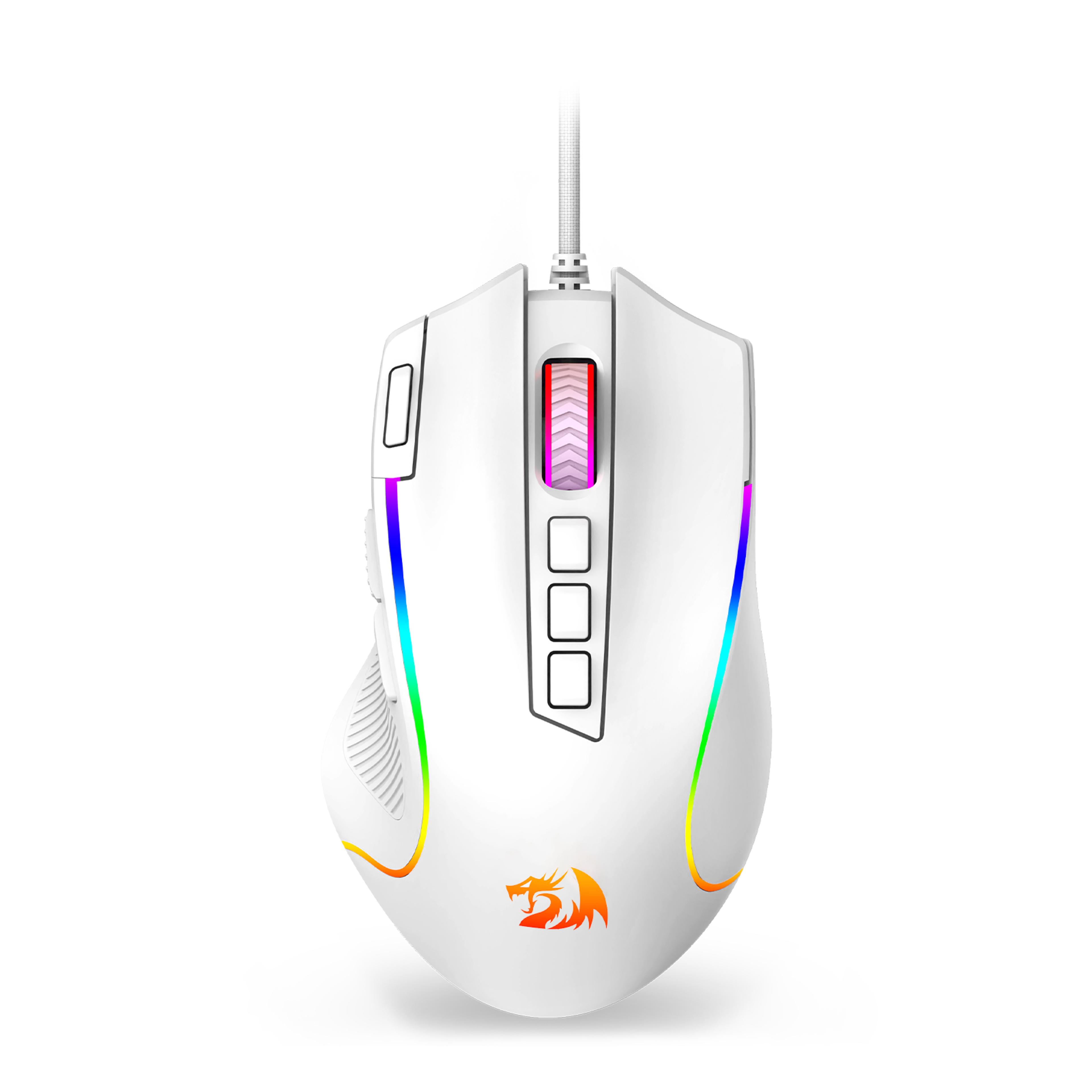 8000 dpi wired optical redragon m612 predator rgb gaming mouse, white, 11 programmable buttons