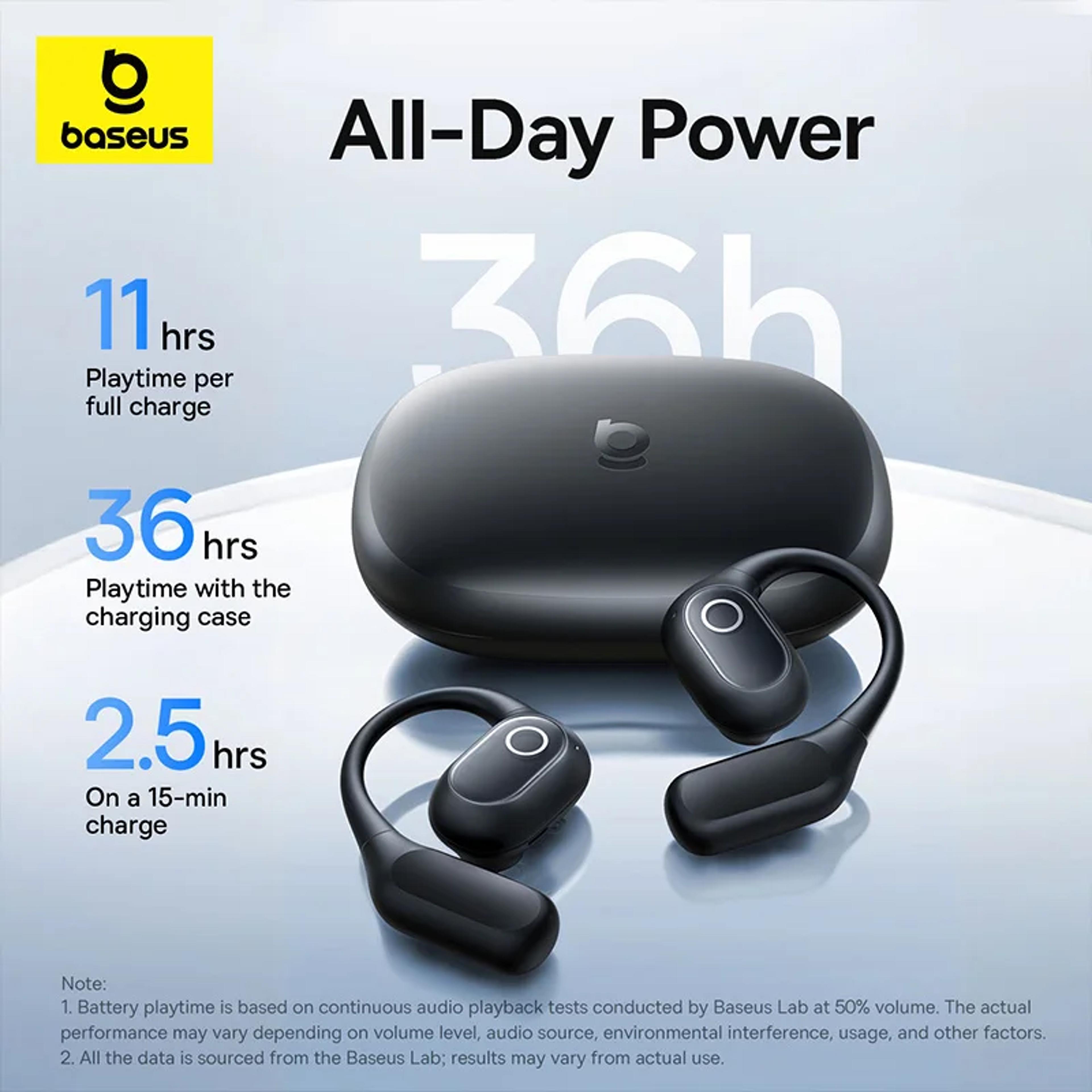 true wireless open-ear baseus eli 2i fit earphones, bluetooth 6.0 ear hooks, ipx5 waterproof sports bass boost