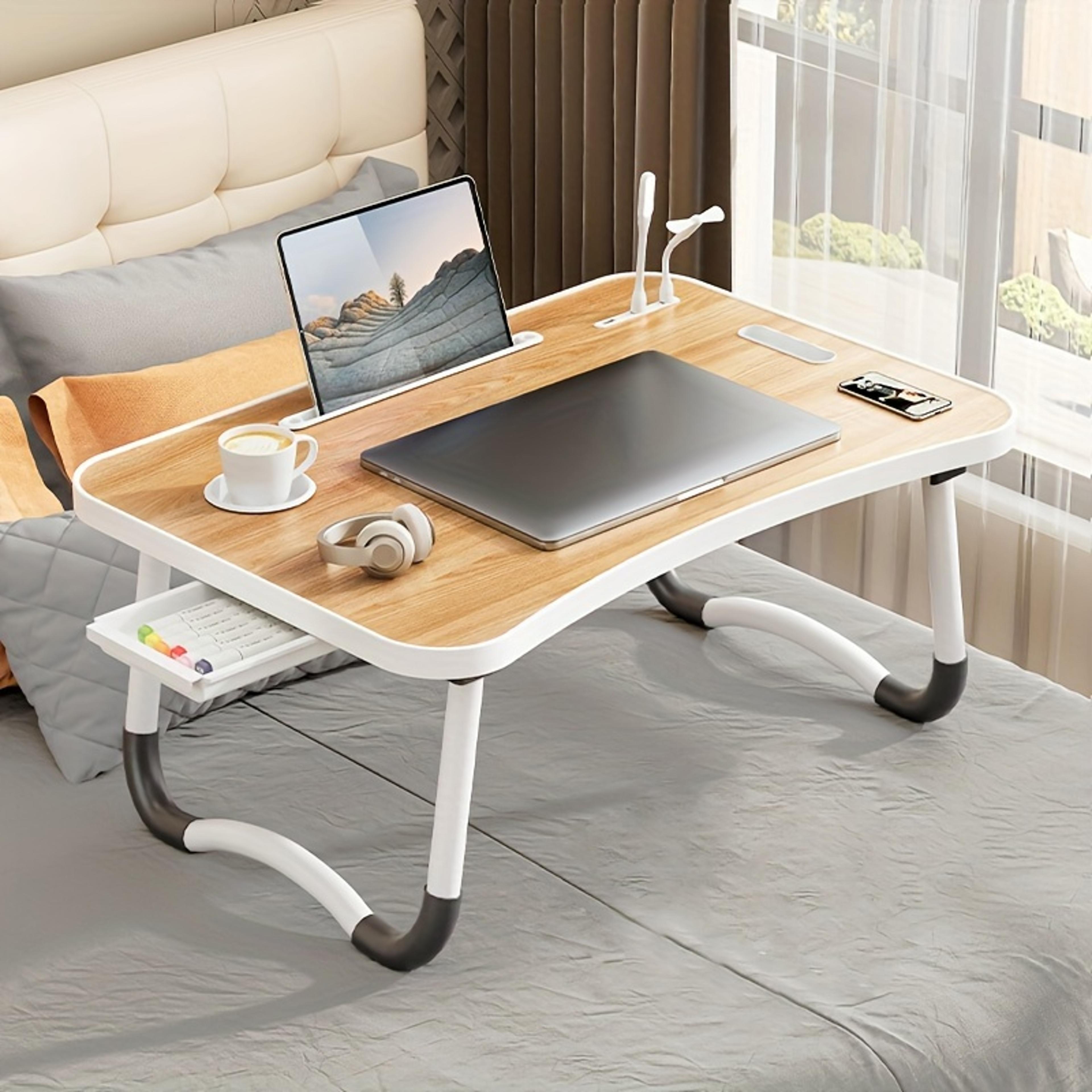 foldable laptop desk for working, portable laptop table with usb light, small fan, cup holder, tablet slot