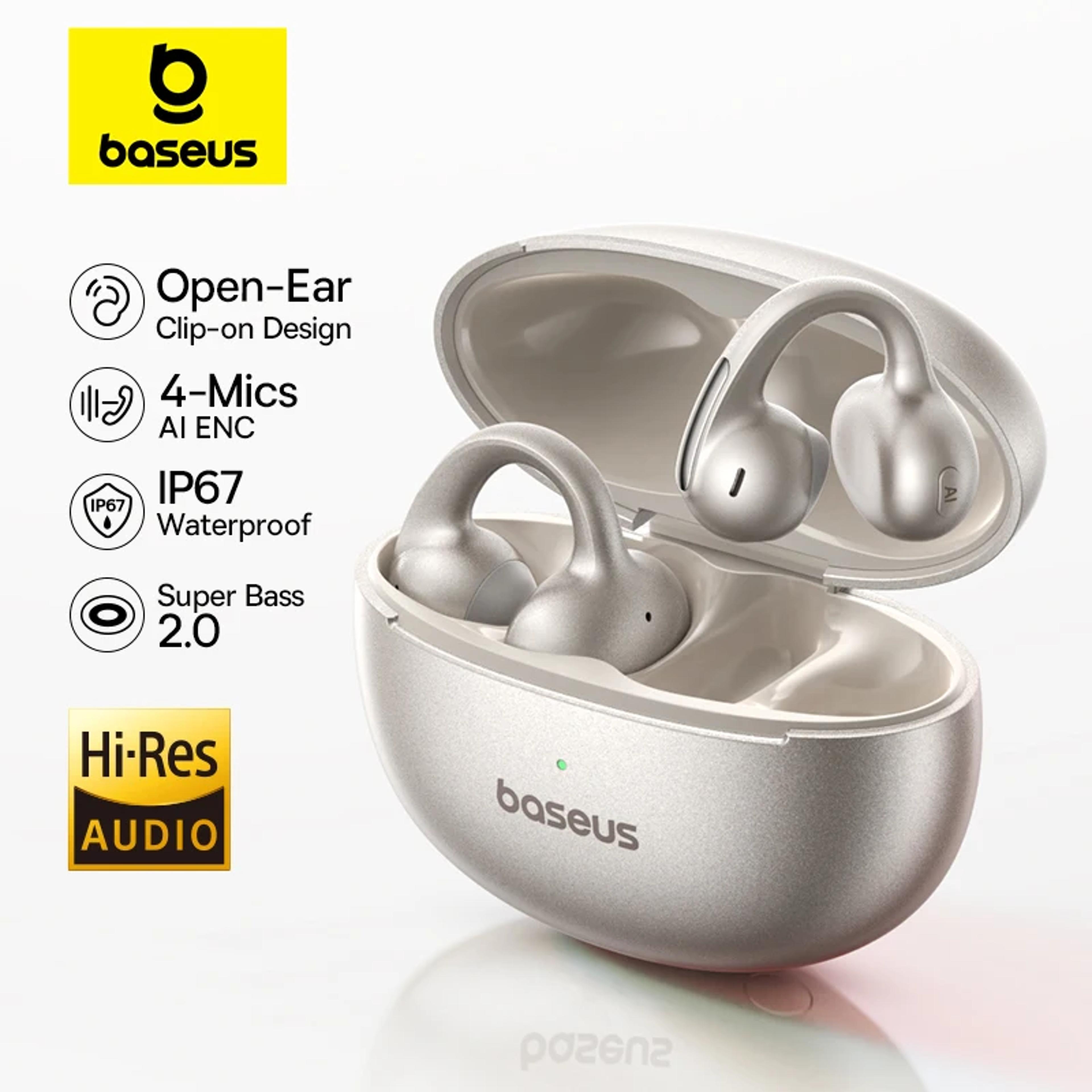 bluetooth hi-res ultra open earbuds, baseus mc1 pro ear clip wireless earphones, earrings 4-mic enc clip on ear buds