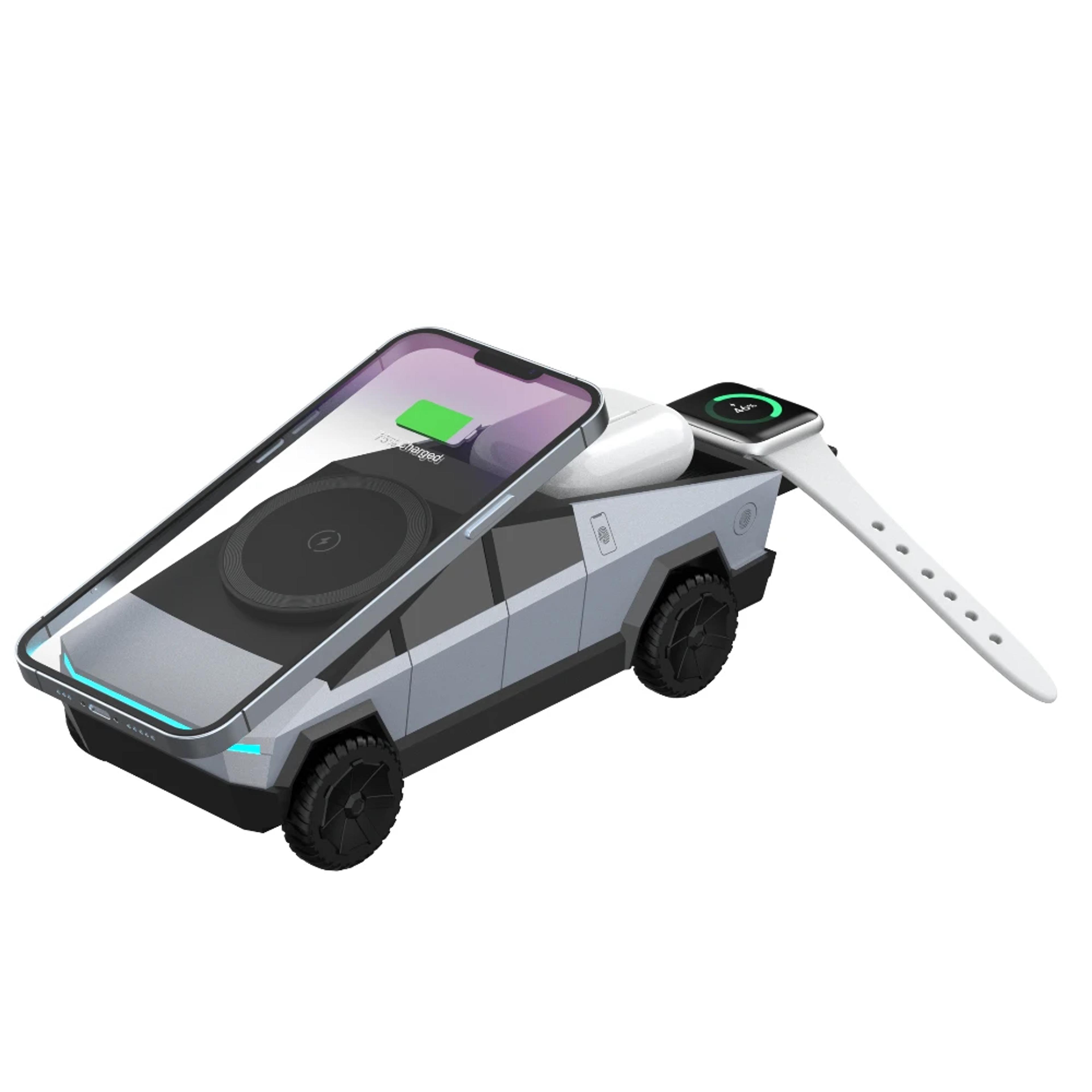 multifunctional 3-in-1 wireless charger, cybertruck desktop qi2 charger, iphone, iwatch, airpods charging