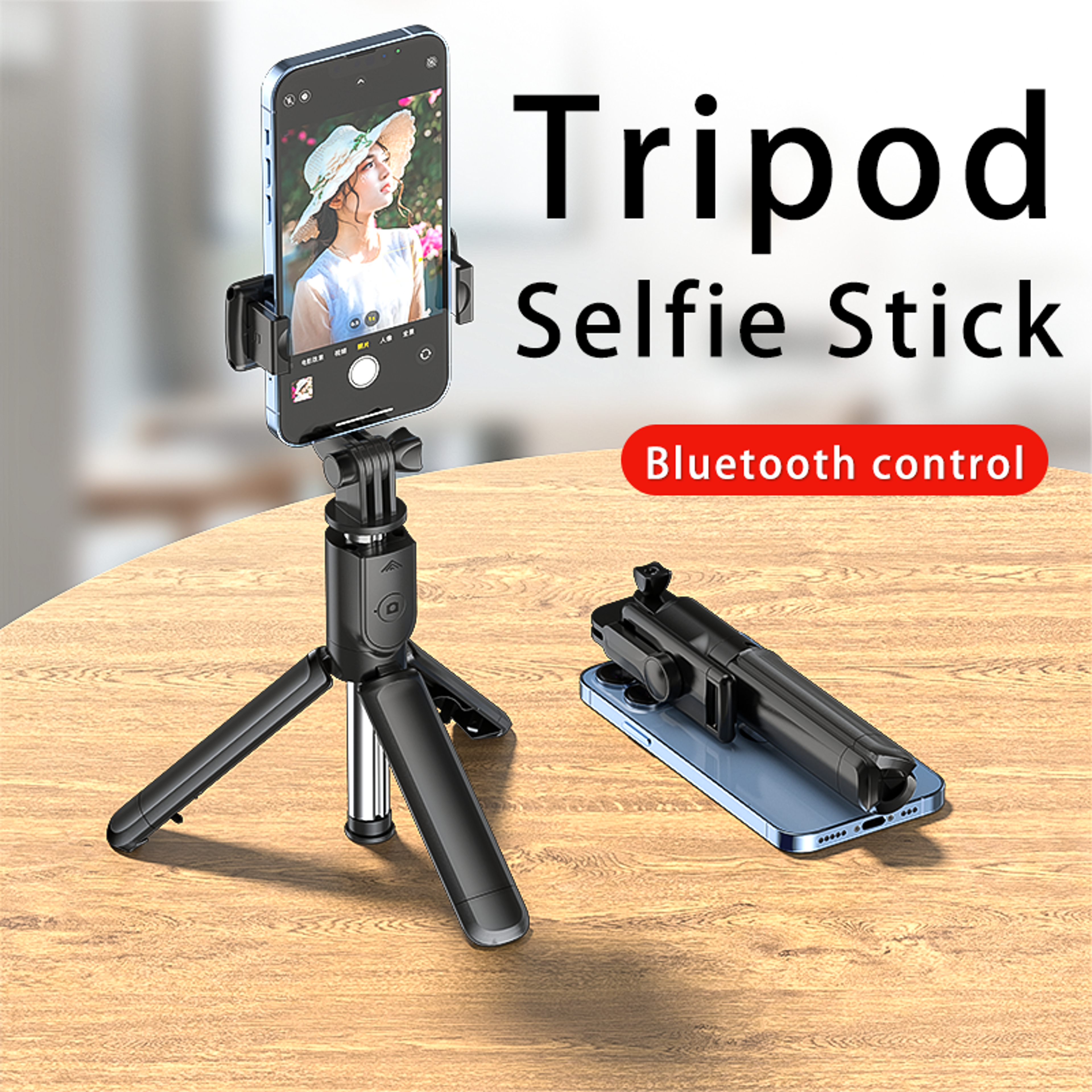 mini tripod bluetooth selfie stick, extendable monopod remote shutter for iphone samsung xiaomi phone holder