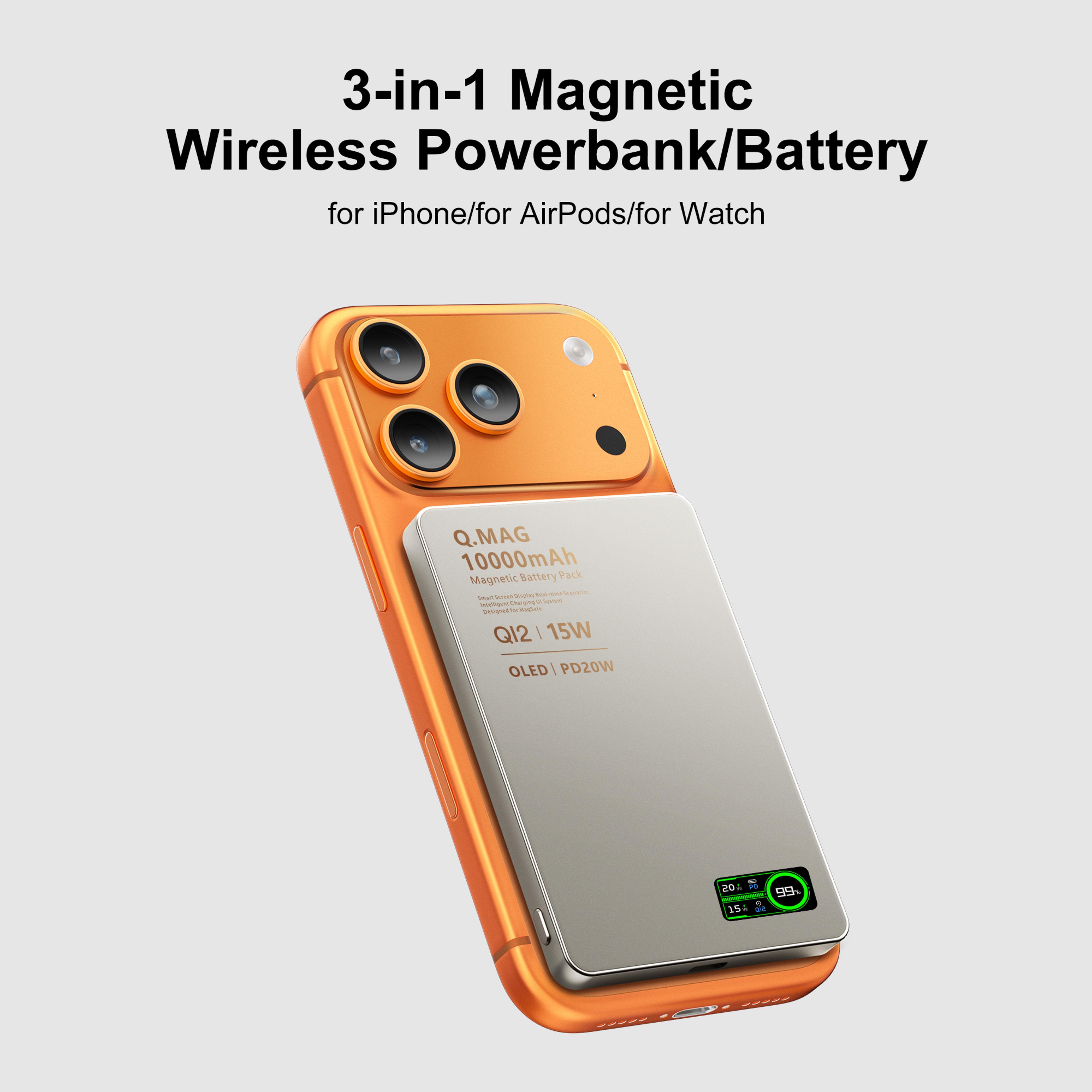 15w wireless fast charging 3 in 1 magnetic power bank, portable battery with lcd display for iphone , apple watch,