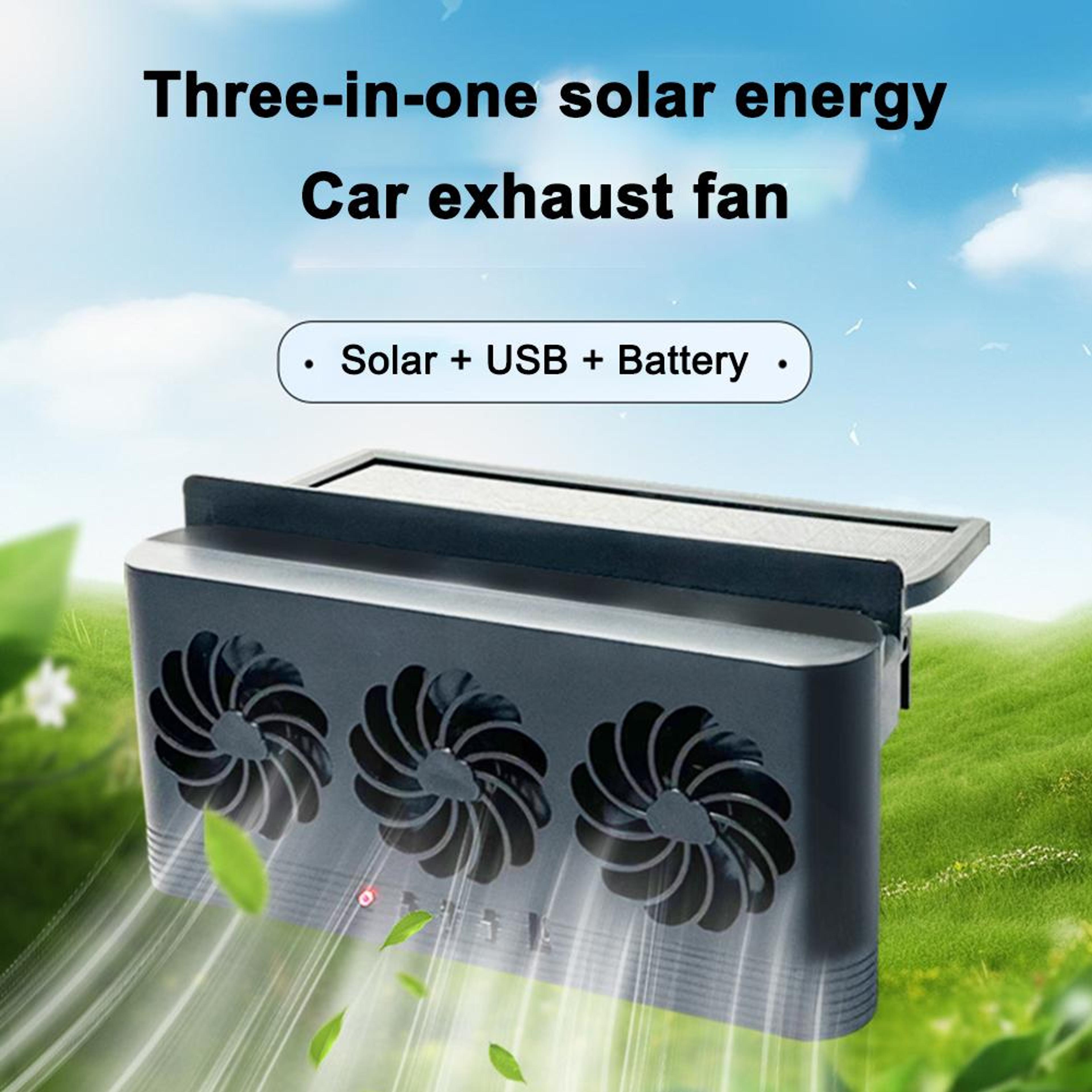 high wind power solar car fan, air circulation cooling, 3 head ventilation, usb rechargeable exhaust fan
