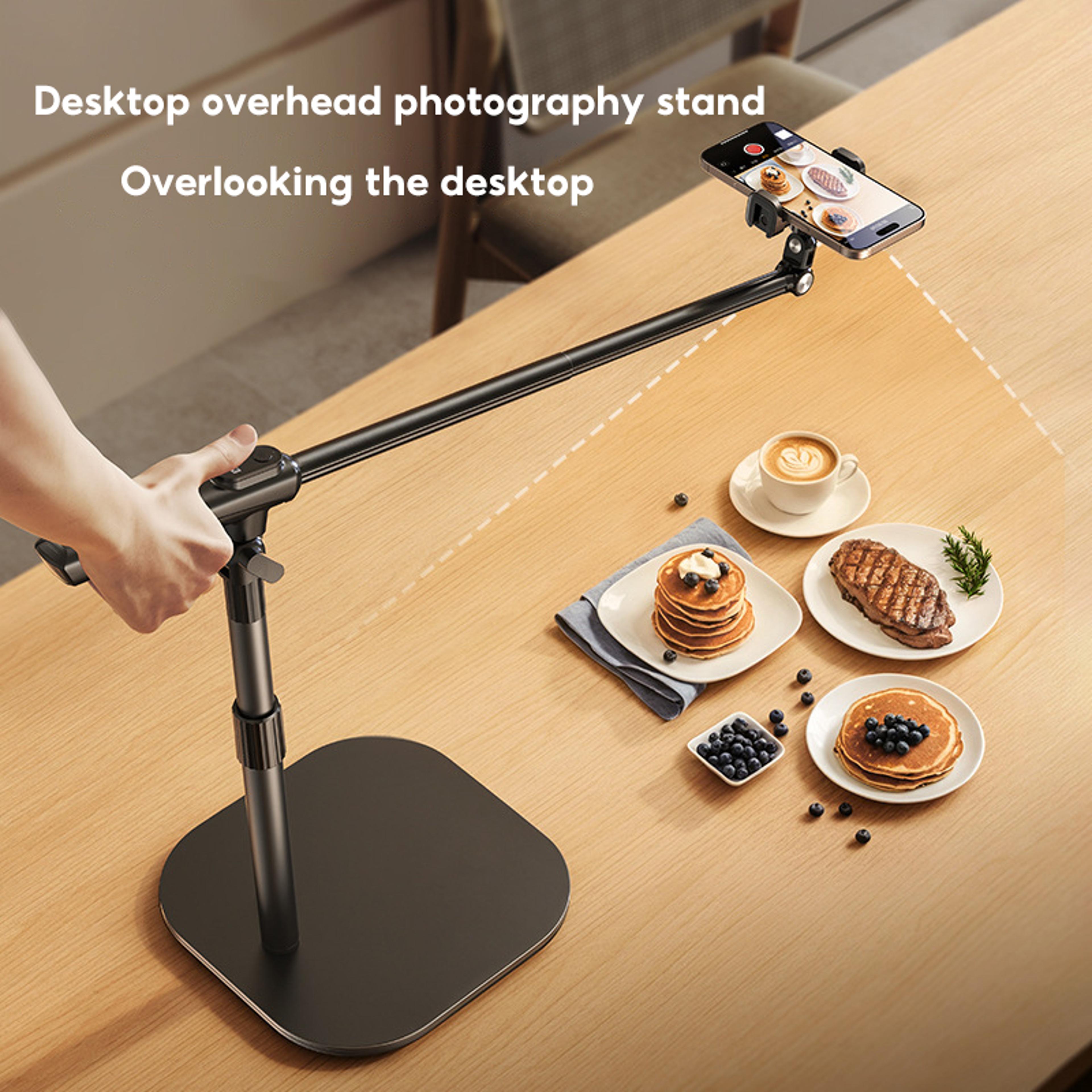 desktop shooting handle, overhead mobile phone stand with bluetooth remote, video stand for jewelry and food recording.