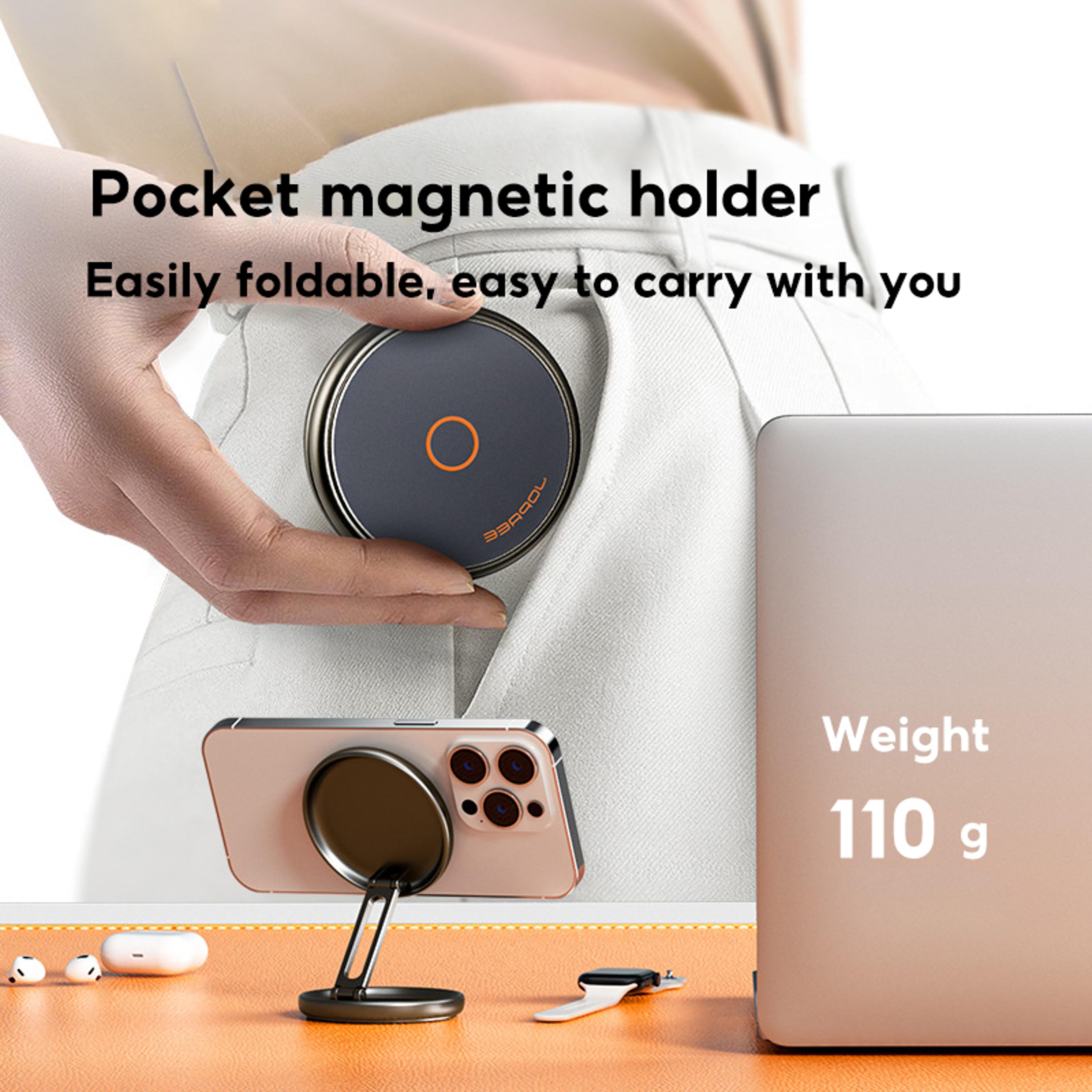 portable magnetic phone stand, universal foldable mini holder, compact desktop mount for travel selfies, office, use.