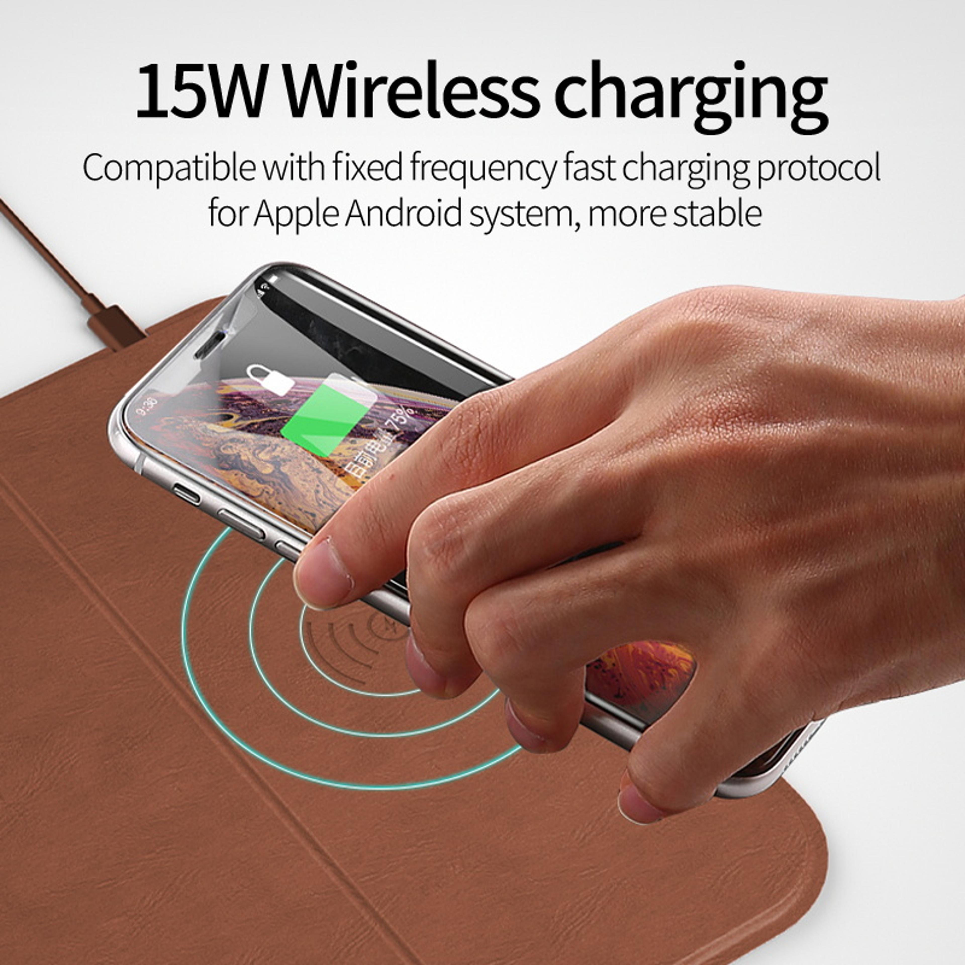 wireless charging leather mouse pad, three-fold design, portable & durable multi-device charging mat.