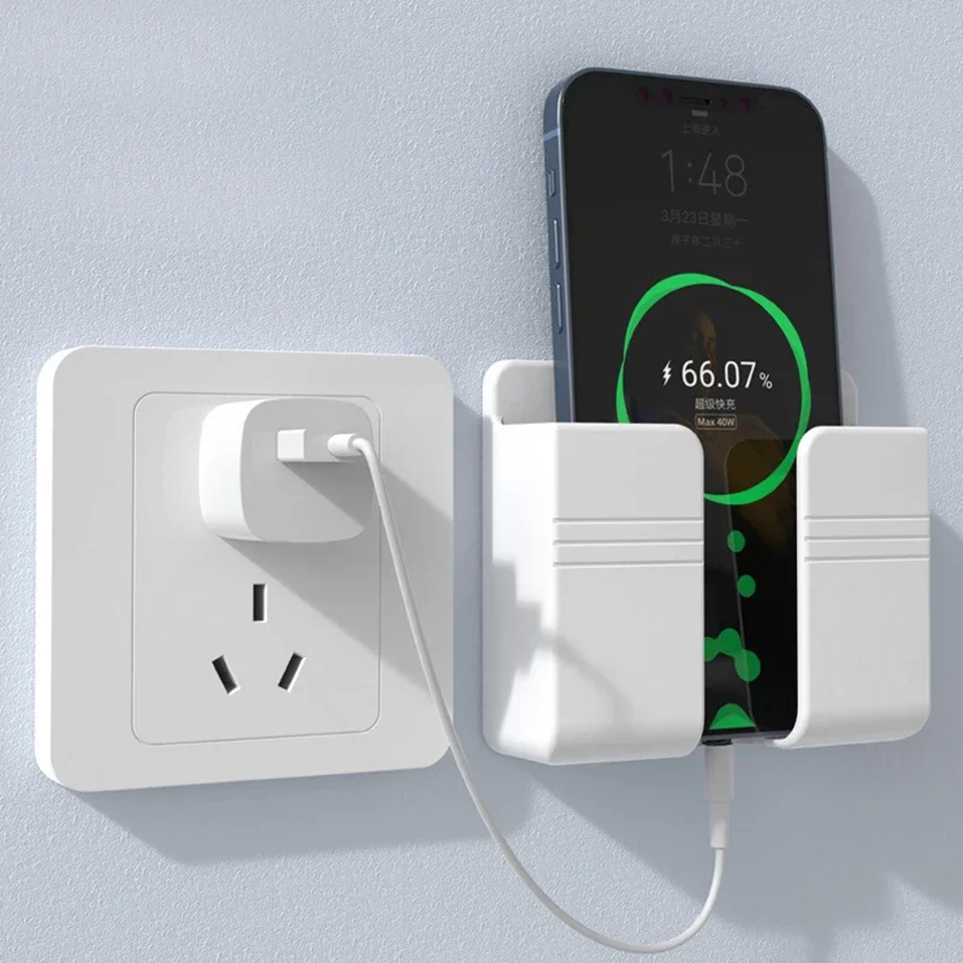 white wall phone holder, punch free mobile charging stand, lazy sticky remote storage box, wall mount organizer