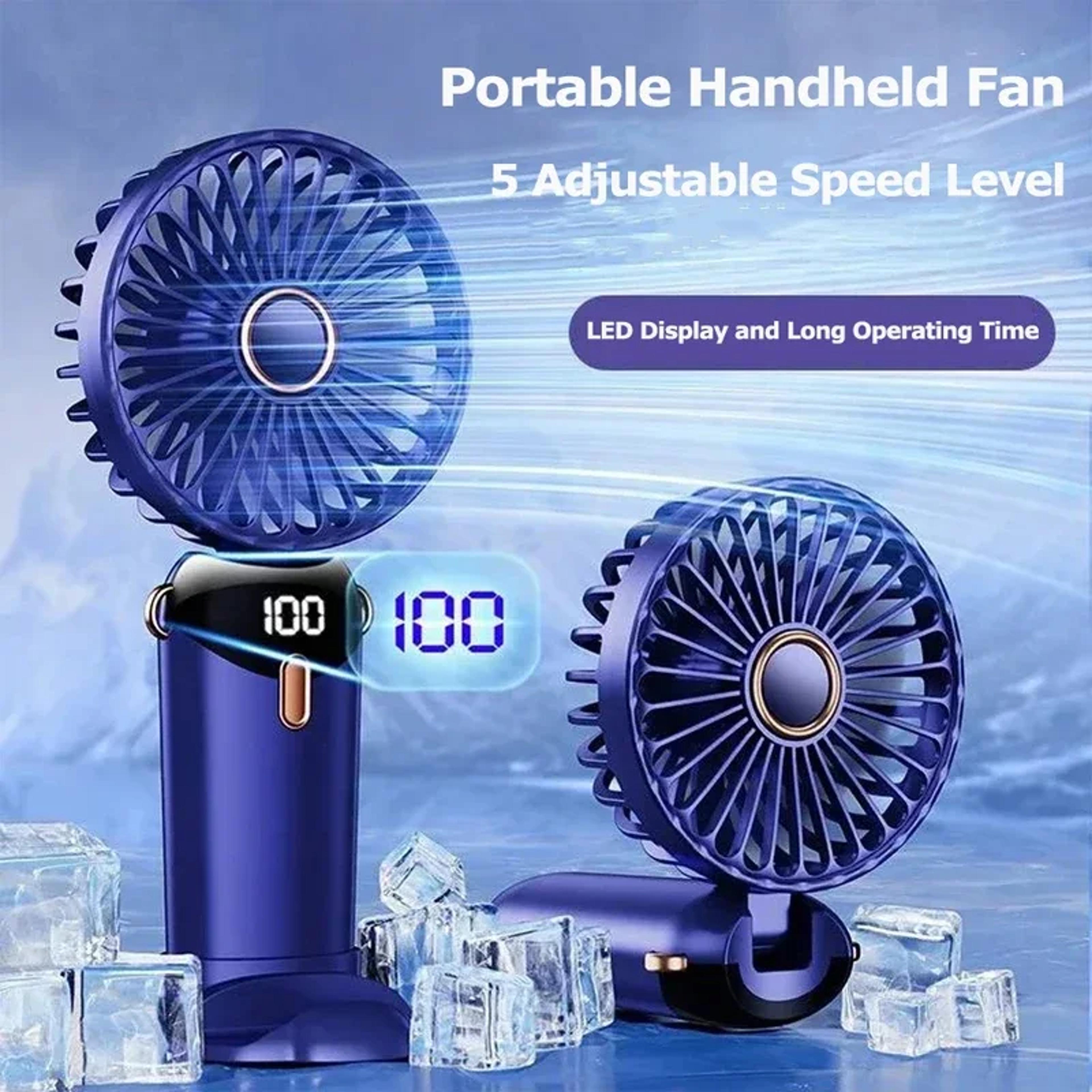 foldable portable desk fan, handheld mini fan, 5 speed usb rechargeable, outdoor neck hanging fan with phone stand displ