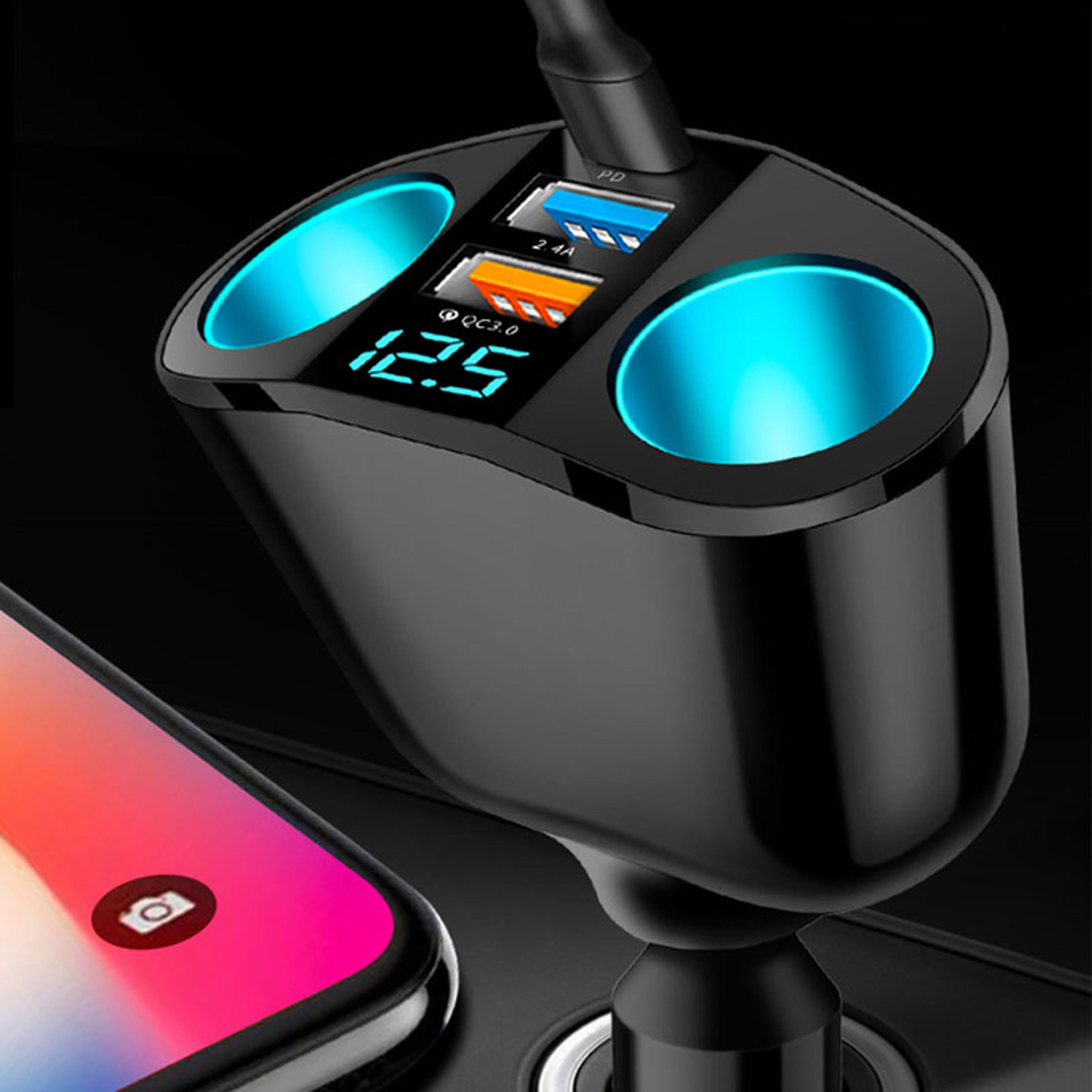 pd fast charge car charger with dual usb ports and cigarette lighter splitter