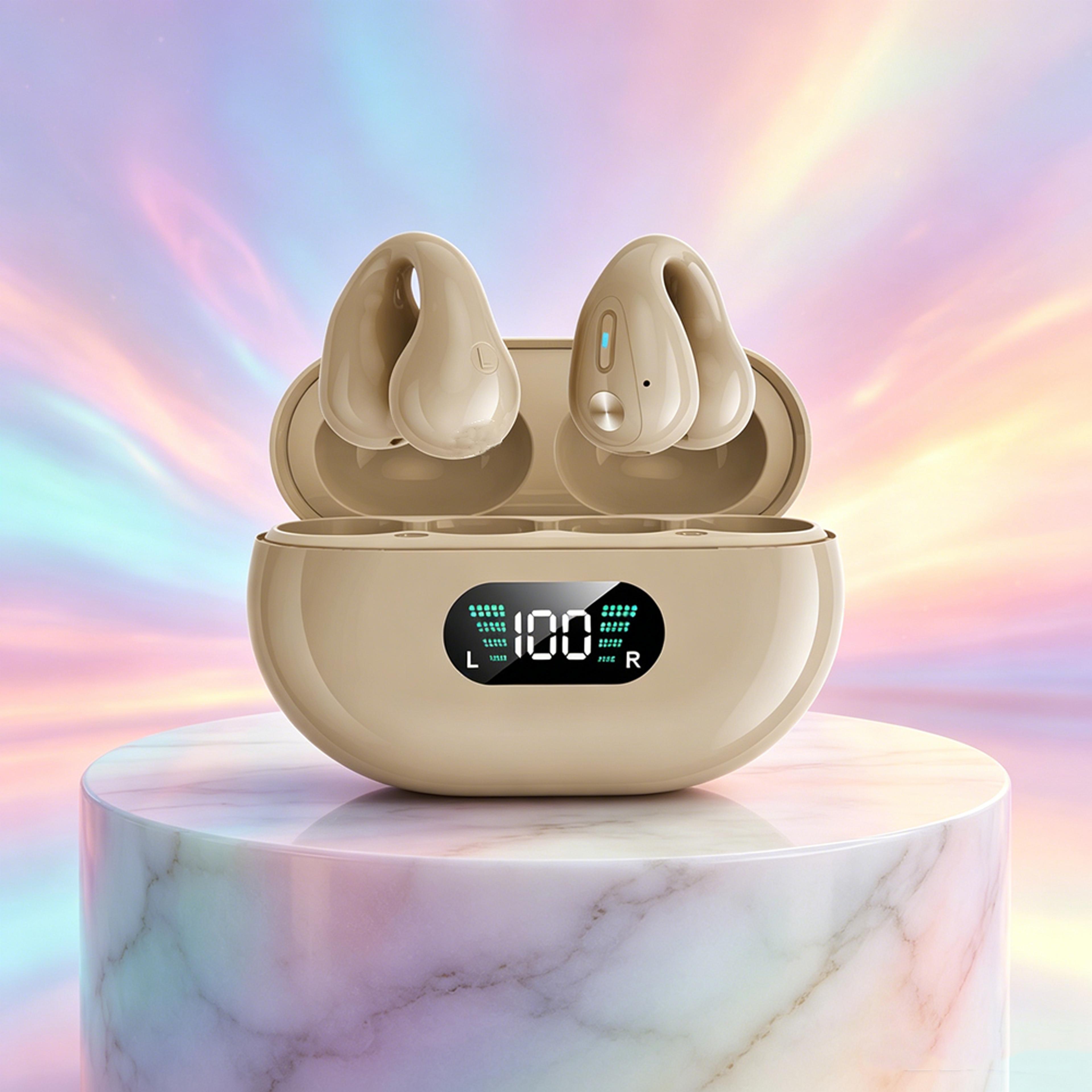 open ear bluetooth earbuds bone conduction ear clip headphones with led display & touch control