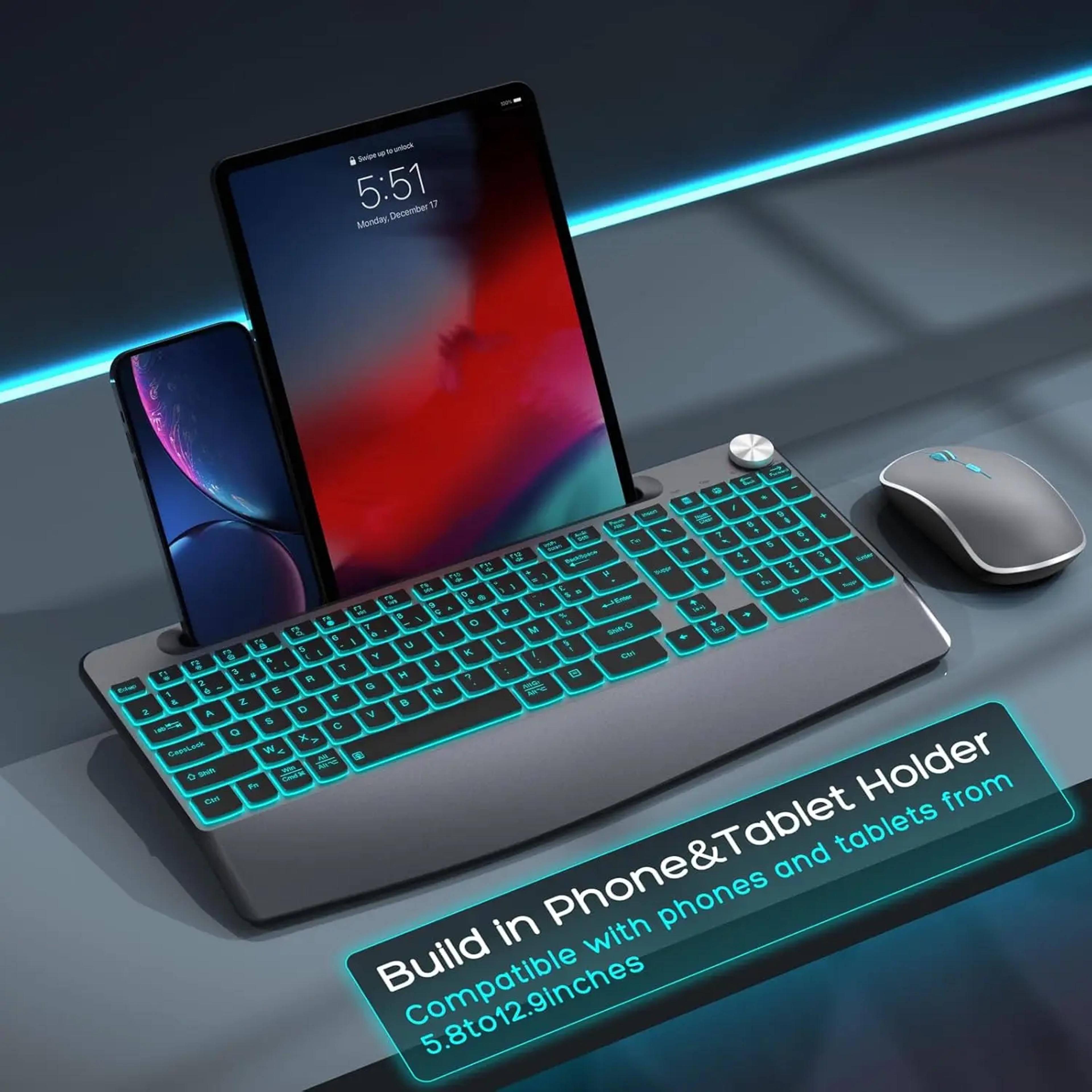 backlit wireless keyboard and mouse combo with ergonomic wrist rest for pc mac windows & mobile