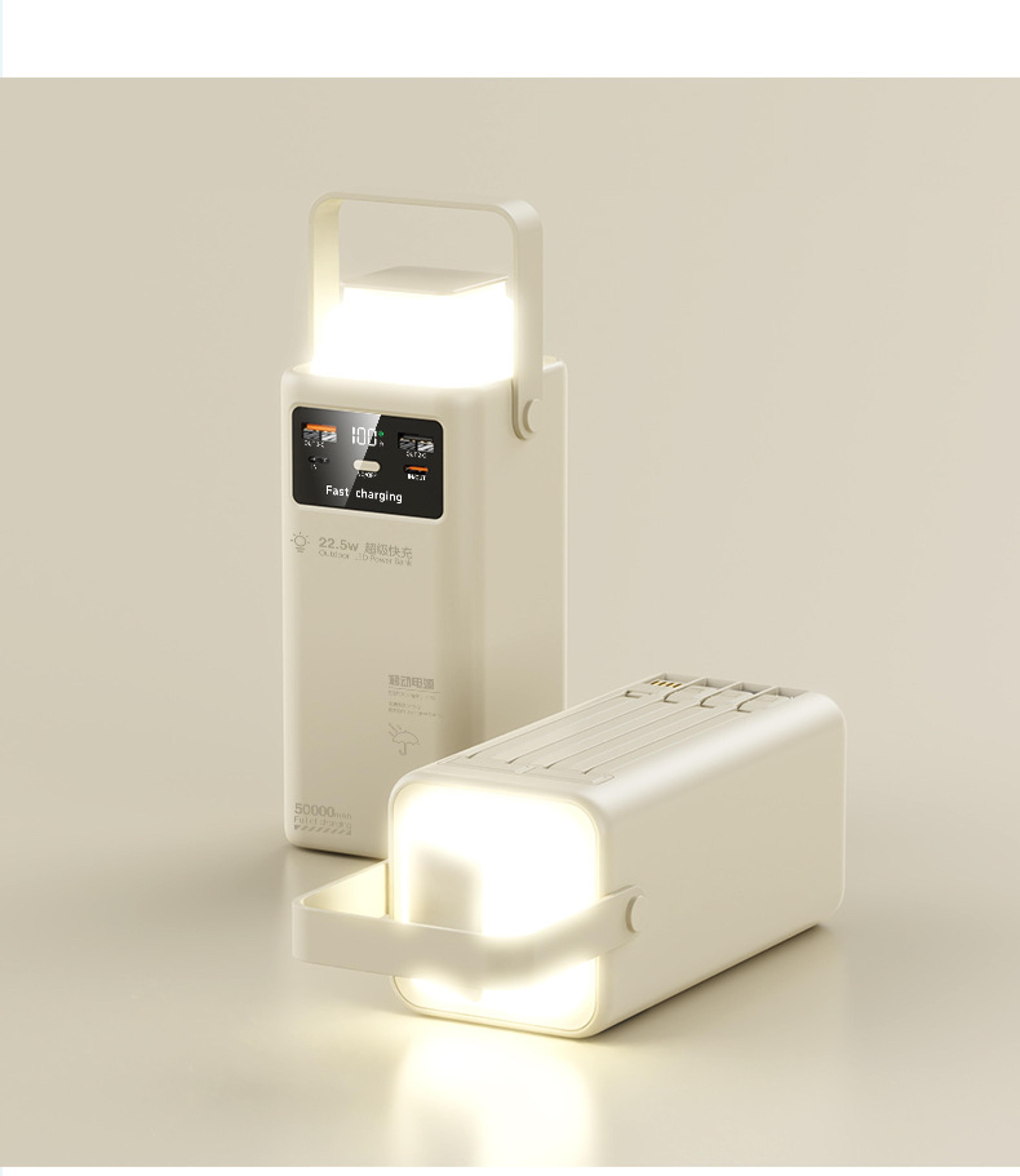 portable power bank with built in cables & camping light for phones and tablets