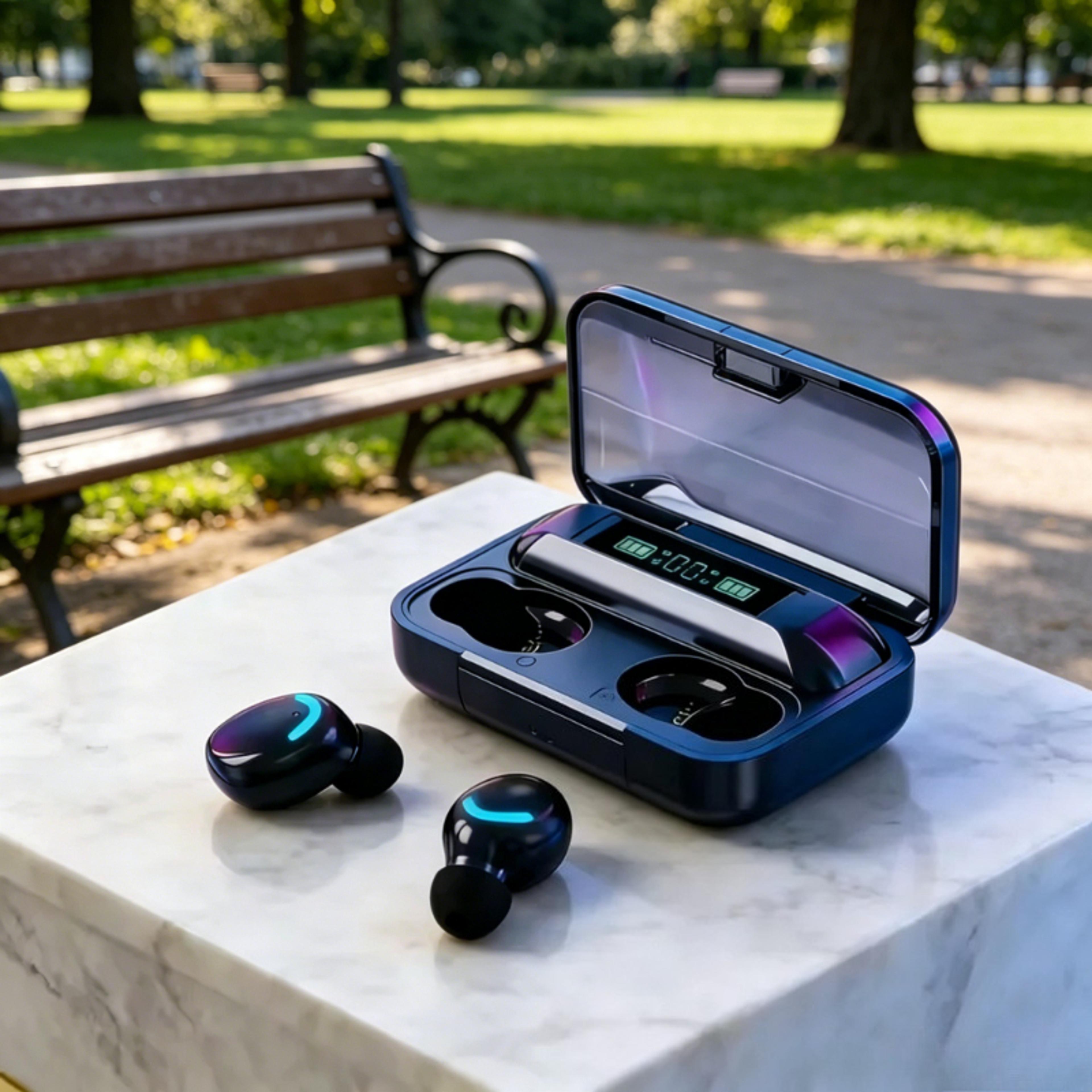 bluetooth wireless sports earbuds with digital display and noise reduction