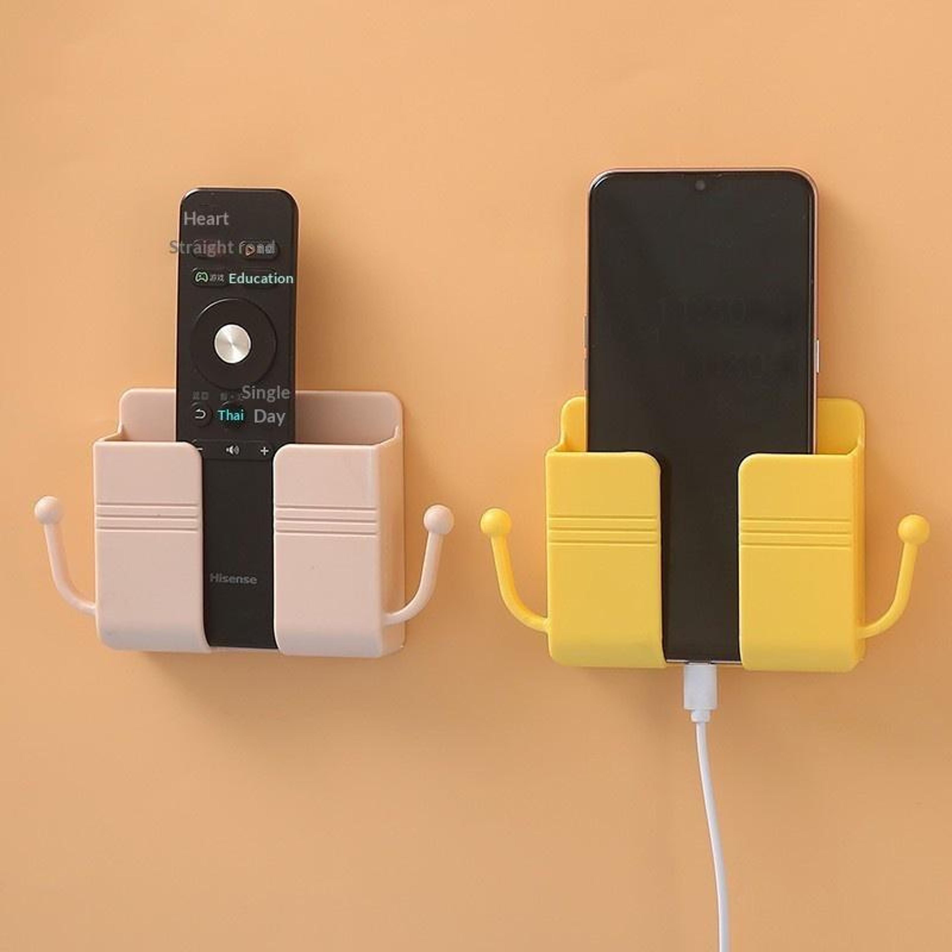 wall mount phone holder with hooks for bed shower & remote storage