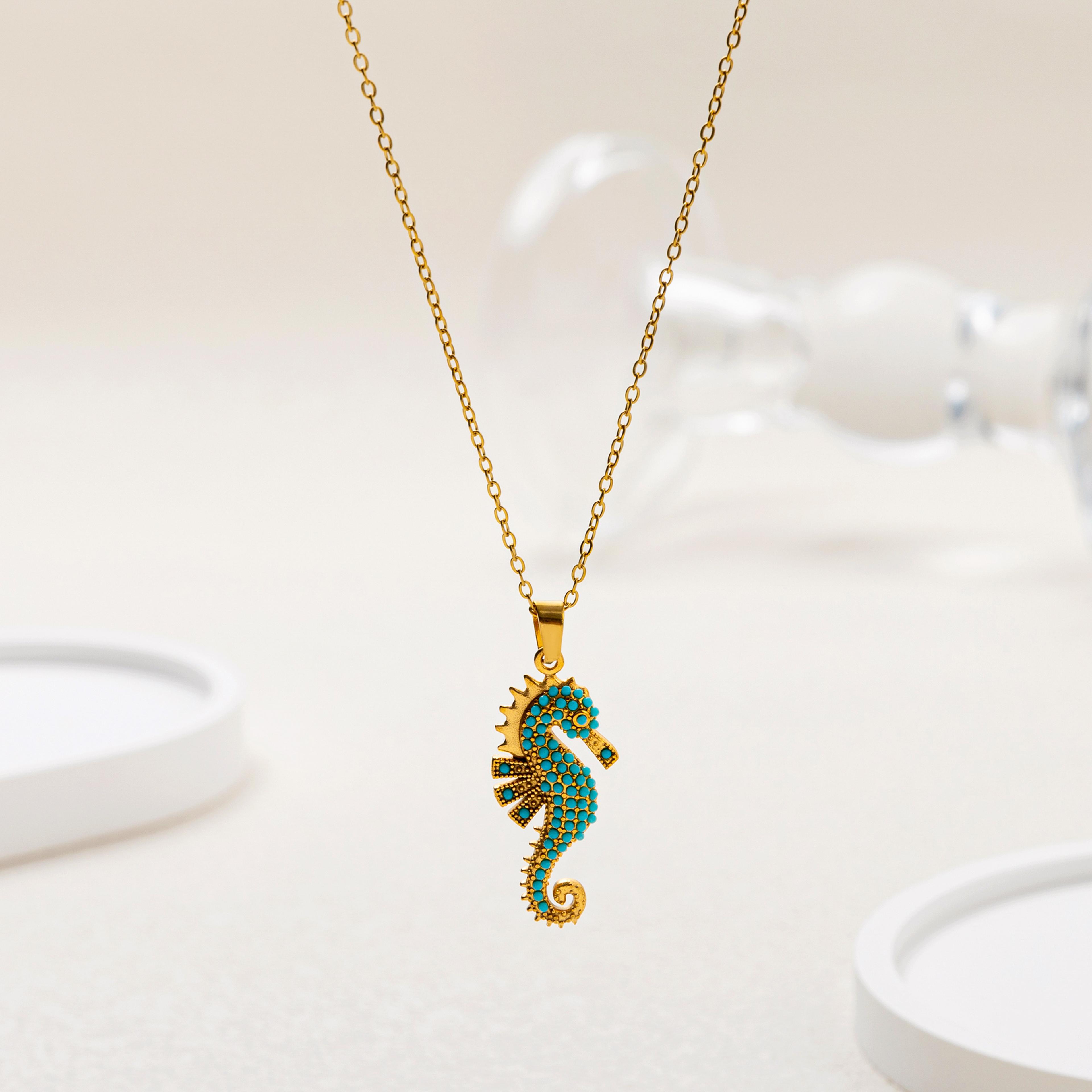 gold plated seahorse pendant necklace boho ocean turquoise stainless steel jewelry for women