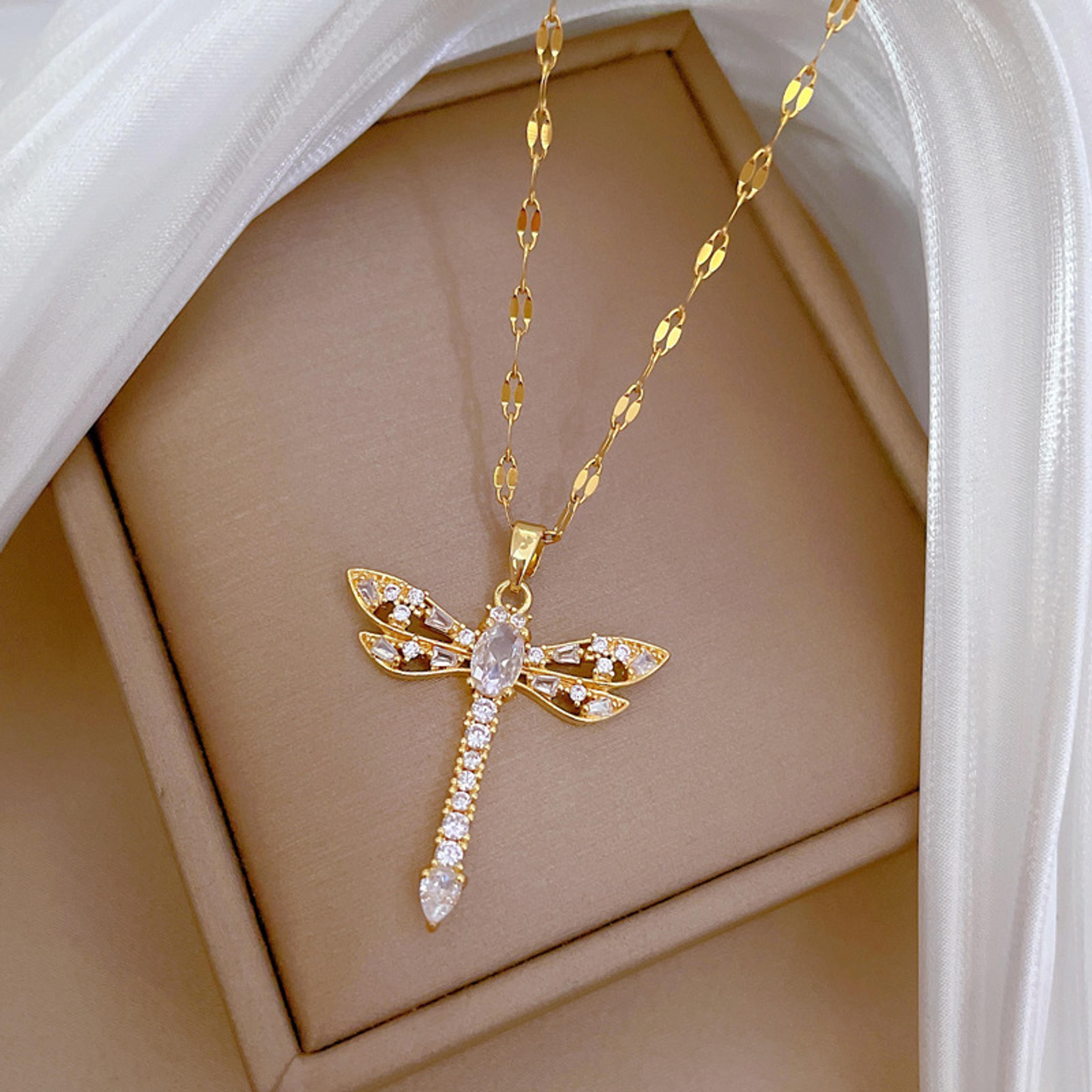 dragonfly pendant necklace with zircon & titanium steel chain for women
