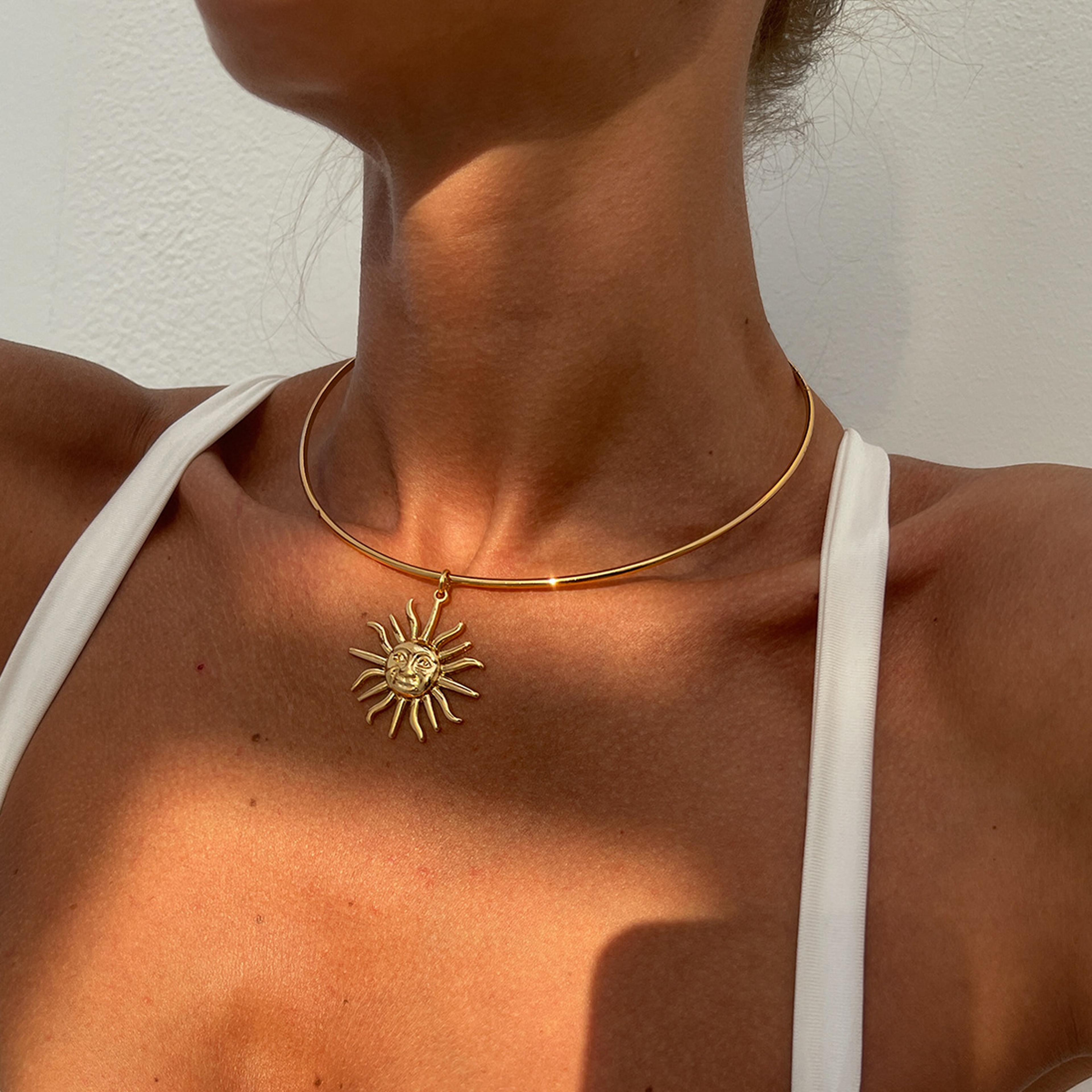 boho gold choker necklace with sun pendant minimalist boho choker necklace for women