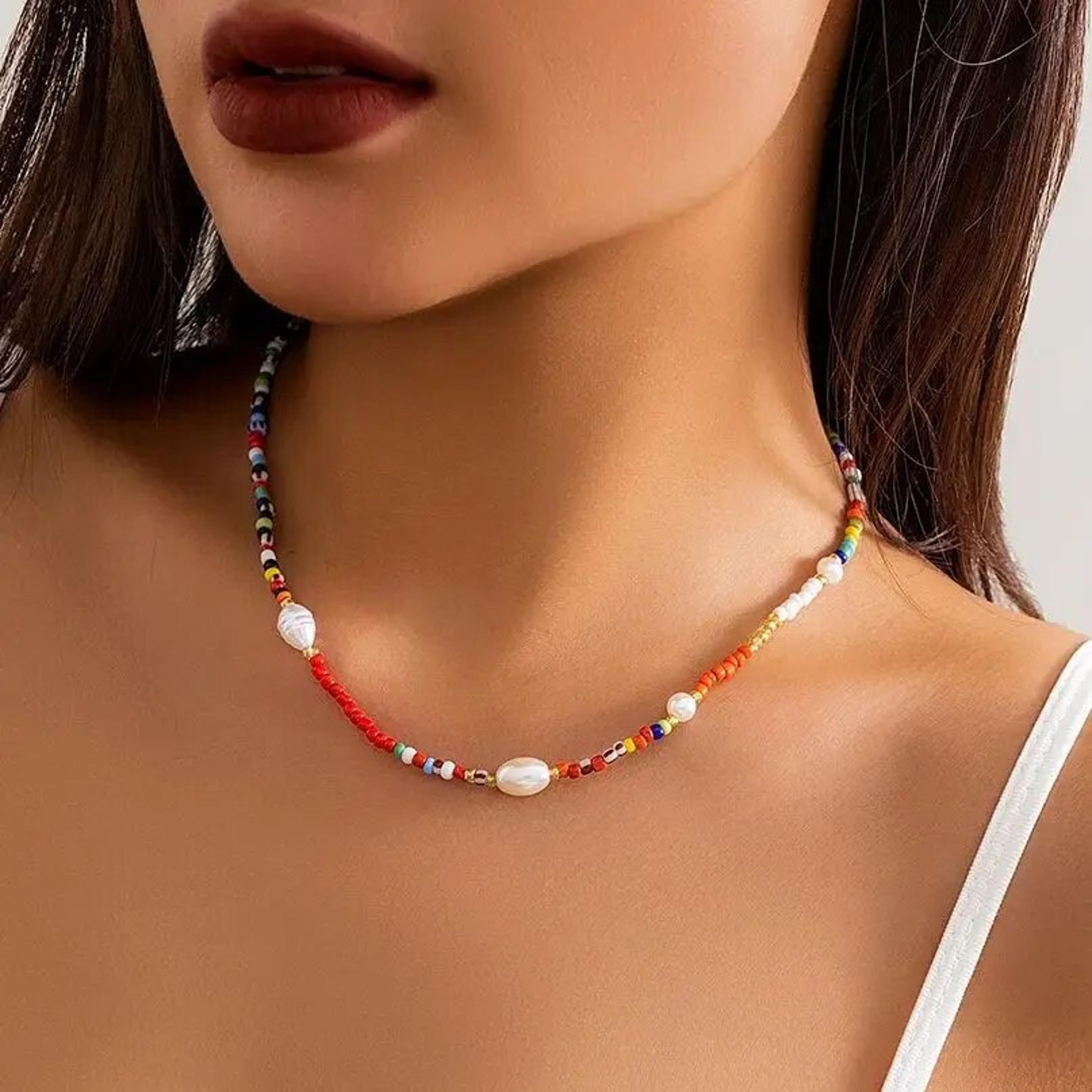 boho colorful beaded choker necklace with pearl accents for women