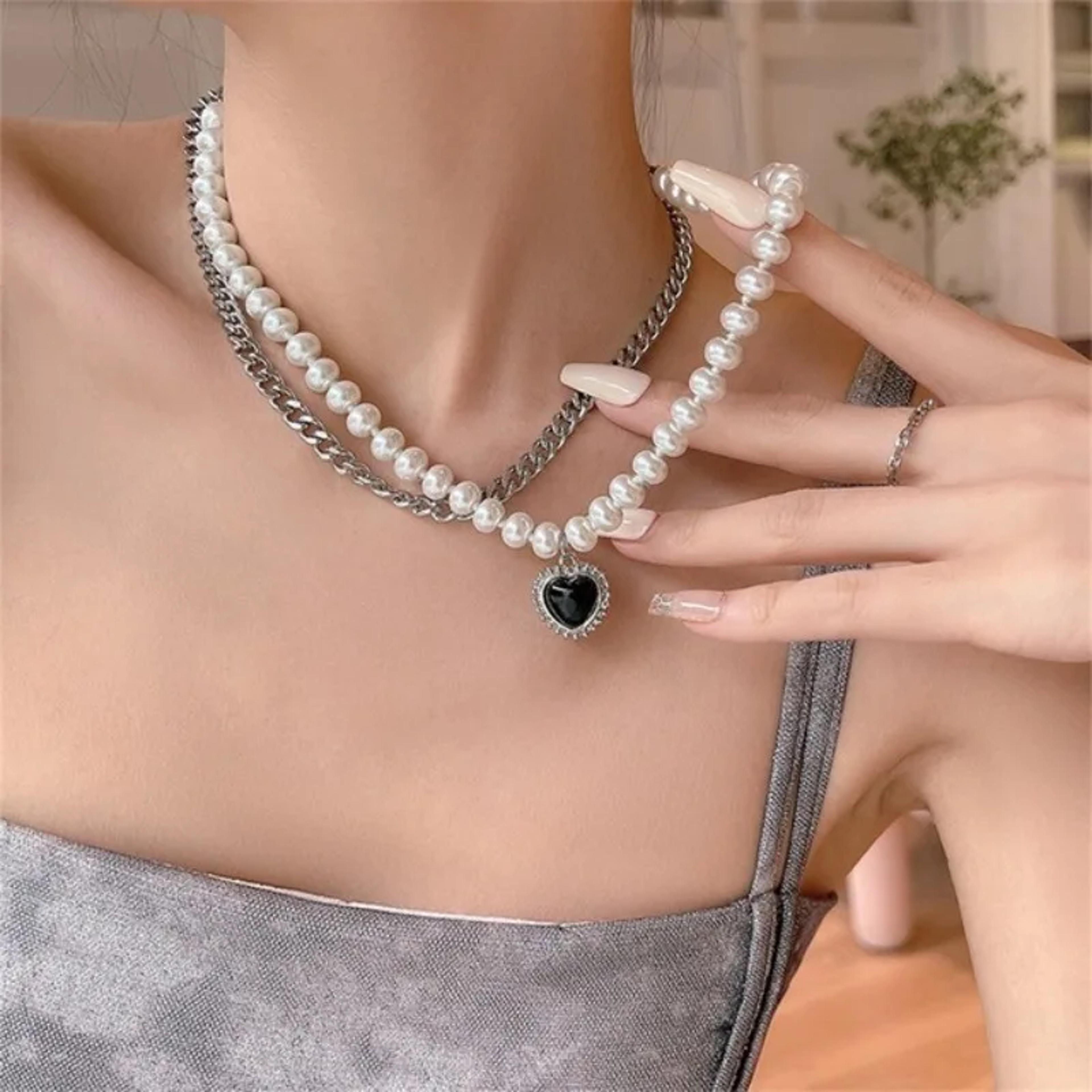 stainless steel heart necklace double layer peach heart pendant chain for women