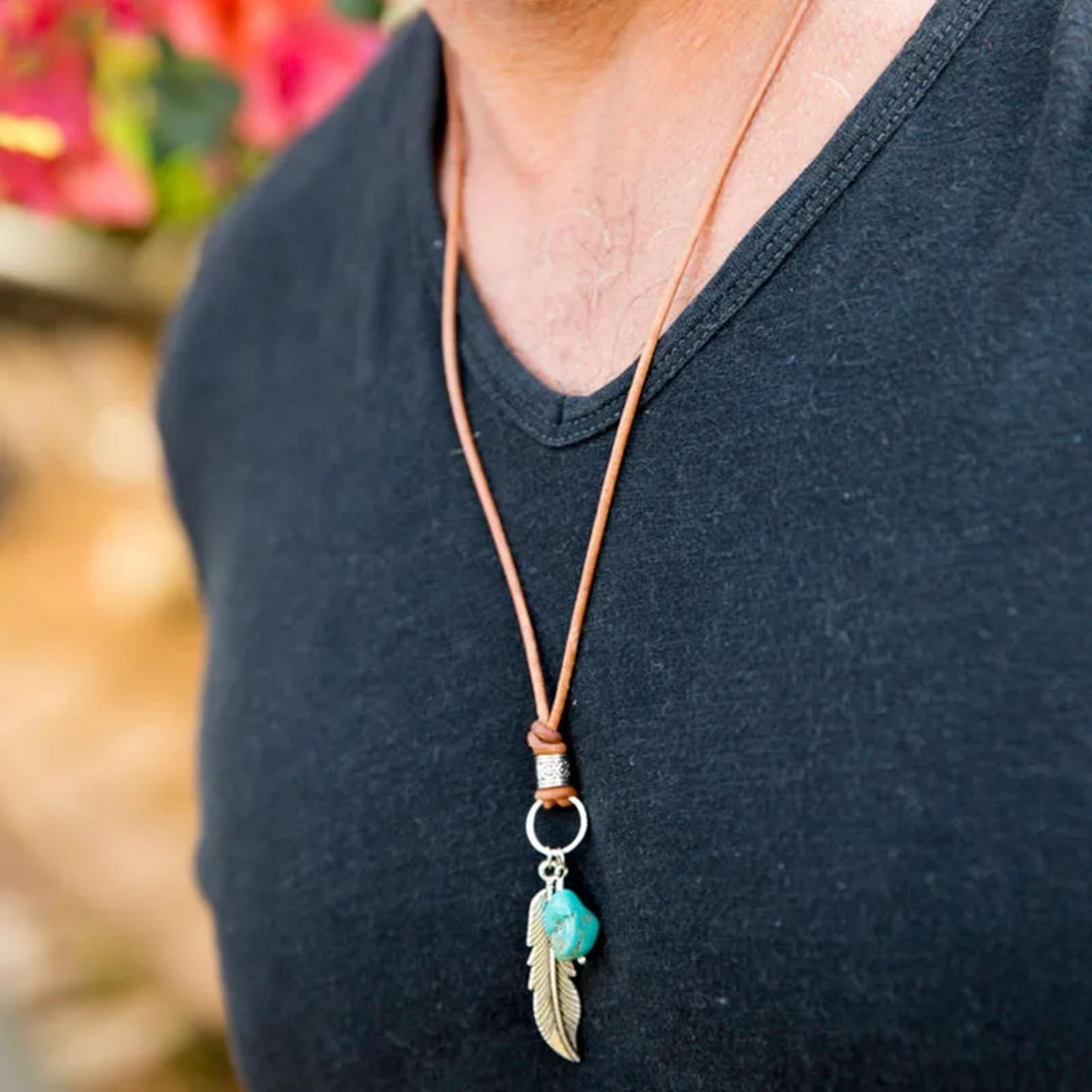 maroon mens leather necklace with feather pendant necklace bohemian tribal style