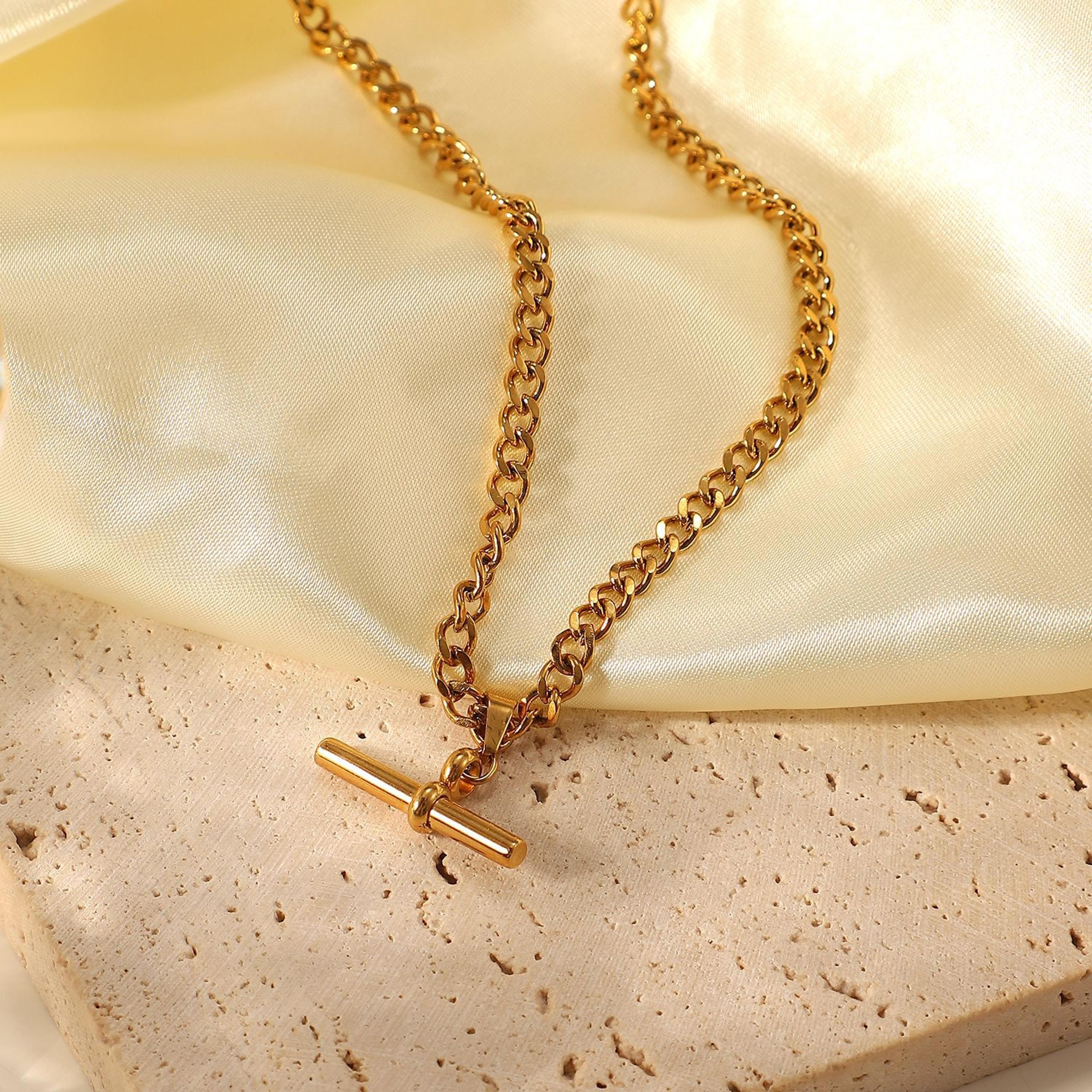 stainless steel t bar necklace for women figaro chain layering necklace with modern punk style