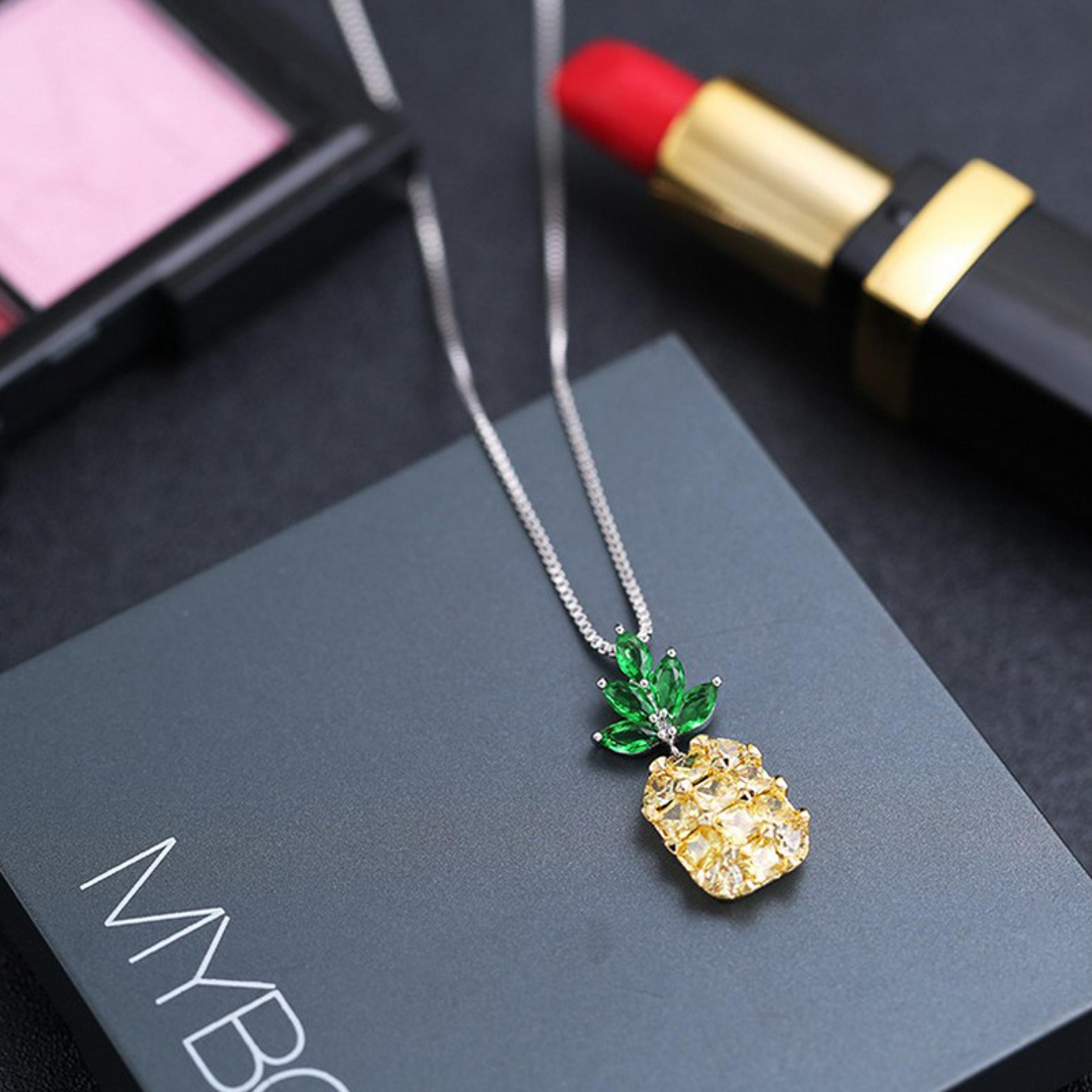 sparkling pineapple pendant necklace with cubic zirconia & platinum plated chain for women