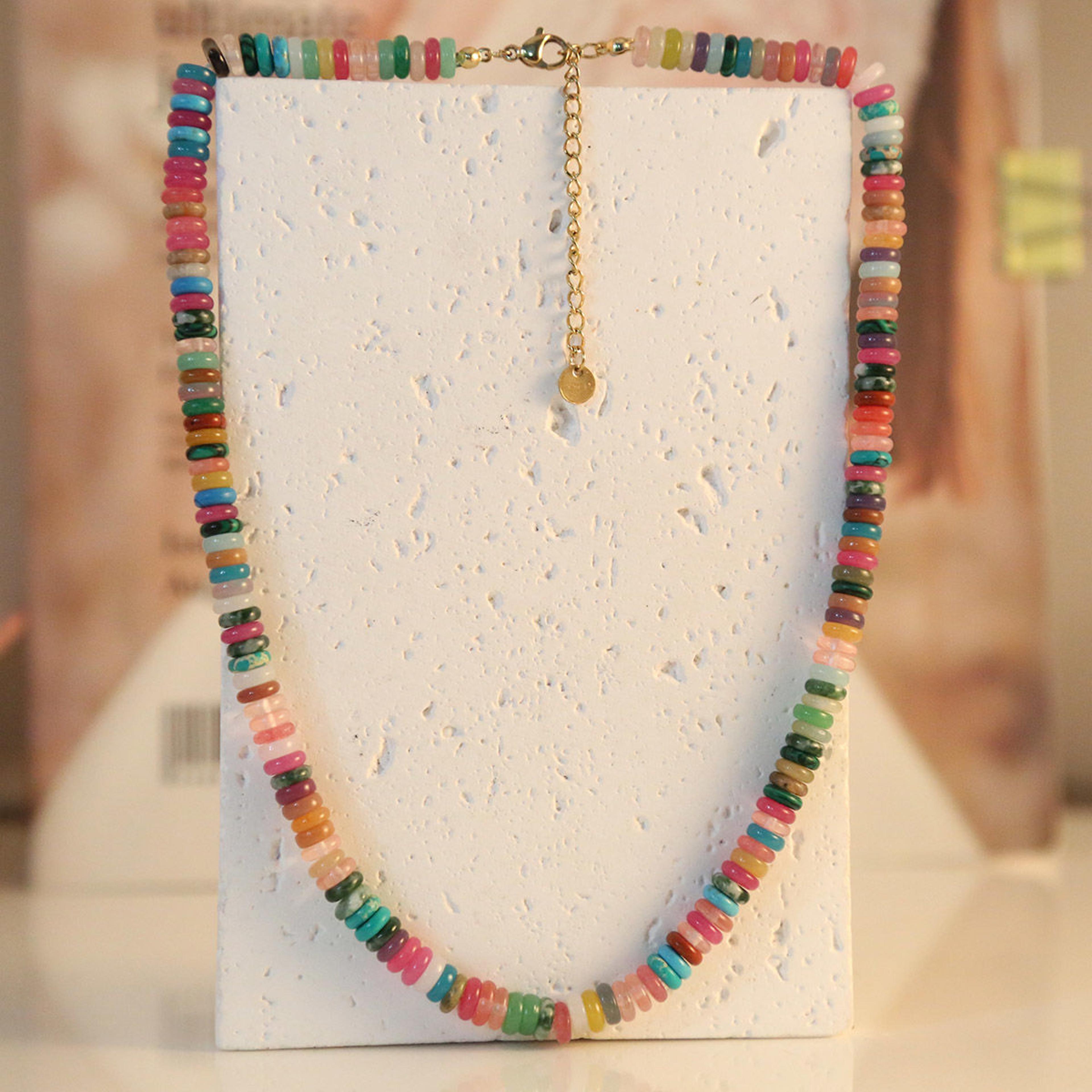 natural stone bead necklace with titanium steel rainbow beads cute girl beaded choker