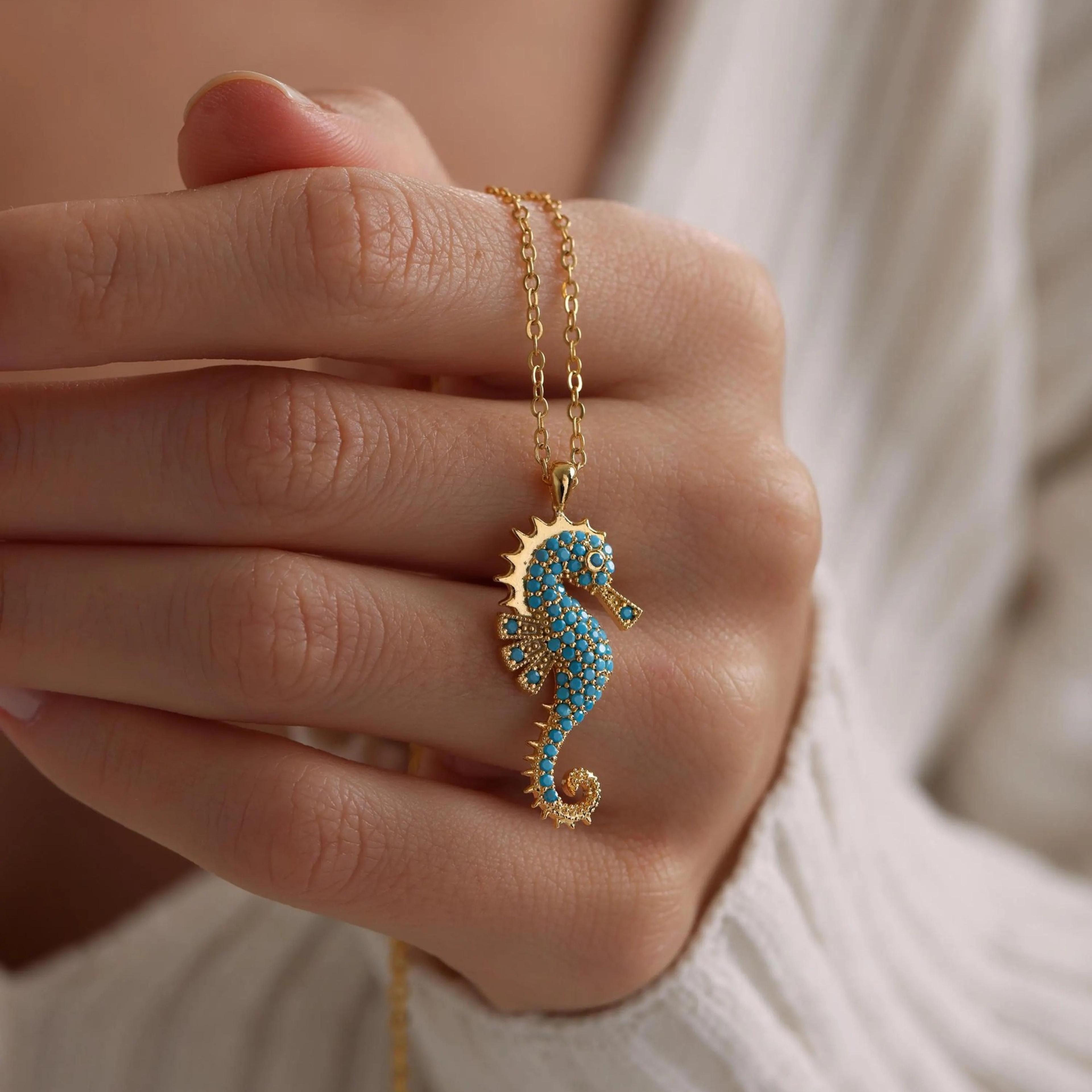 ocean charm stainless steel seahorse necklace with turquoise beads for women