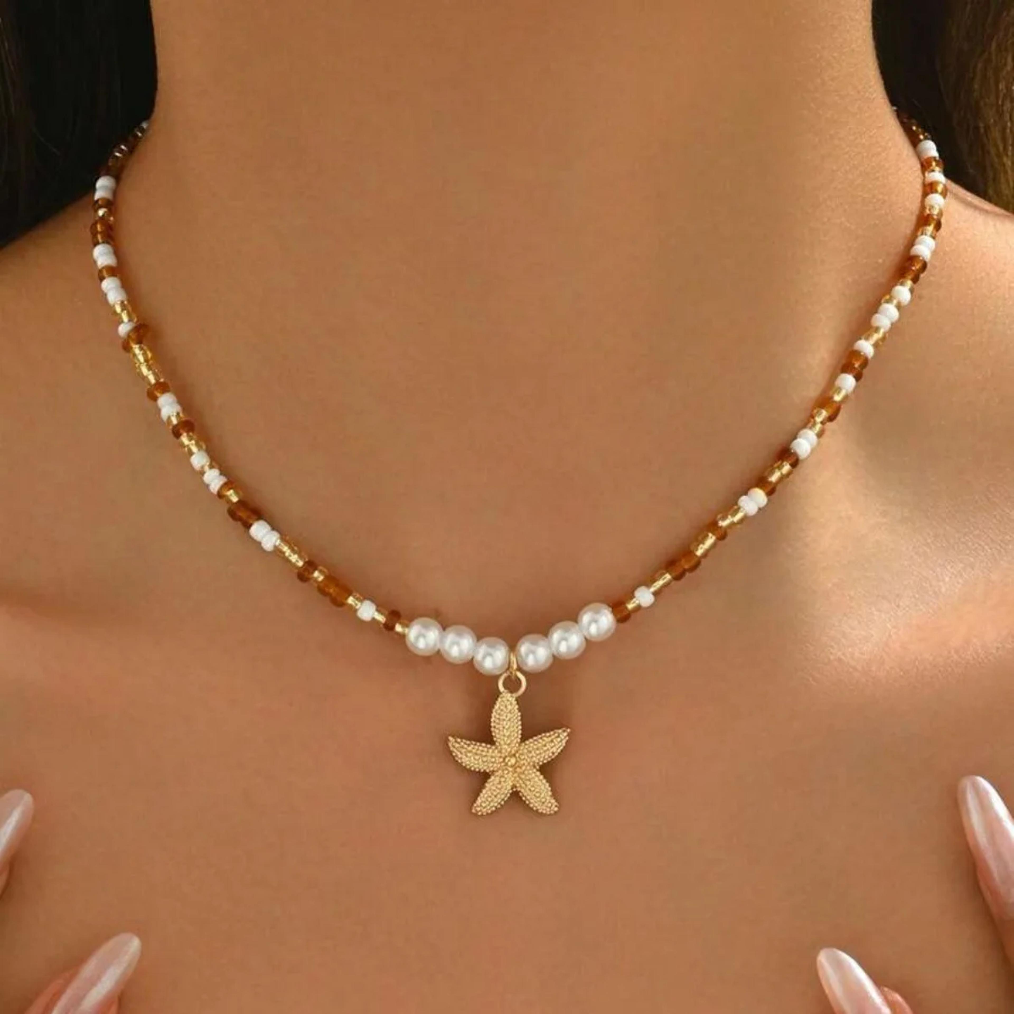 bohemian starfish beaded choker necklace handmade pearl beach jewelry for women